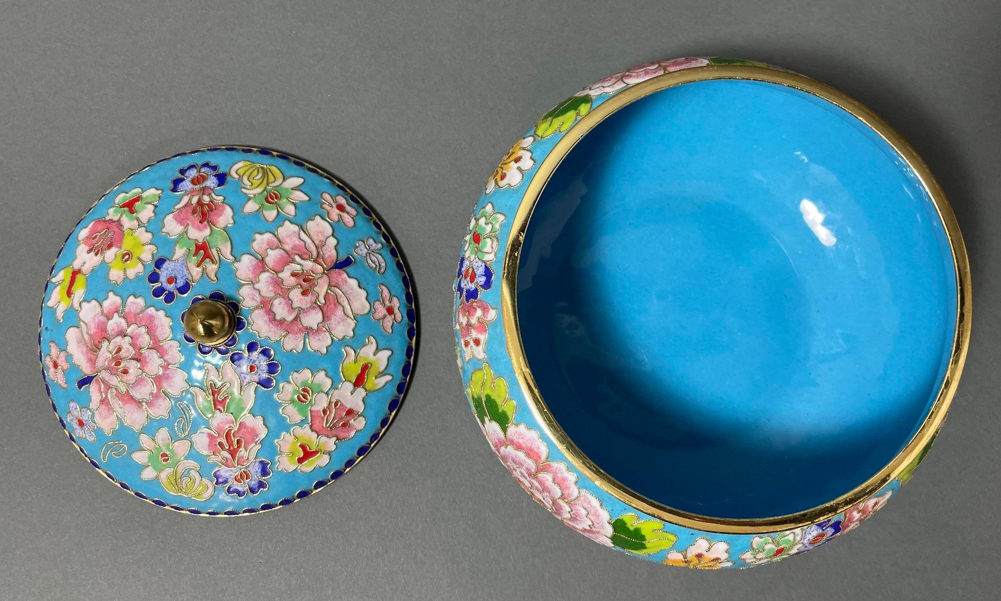 20th Century Asian Chinese Cloisone Box with Lid Turquoise Cobalt Pink Colors.