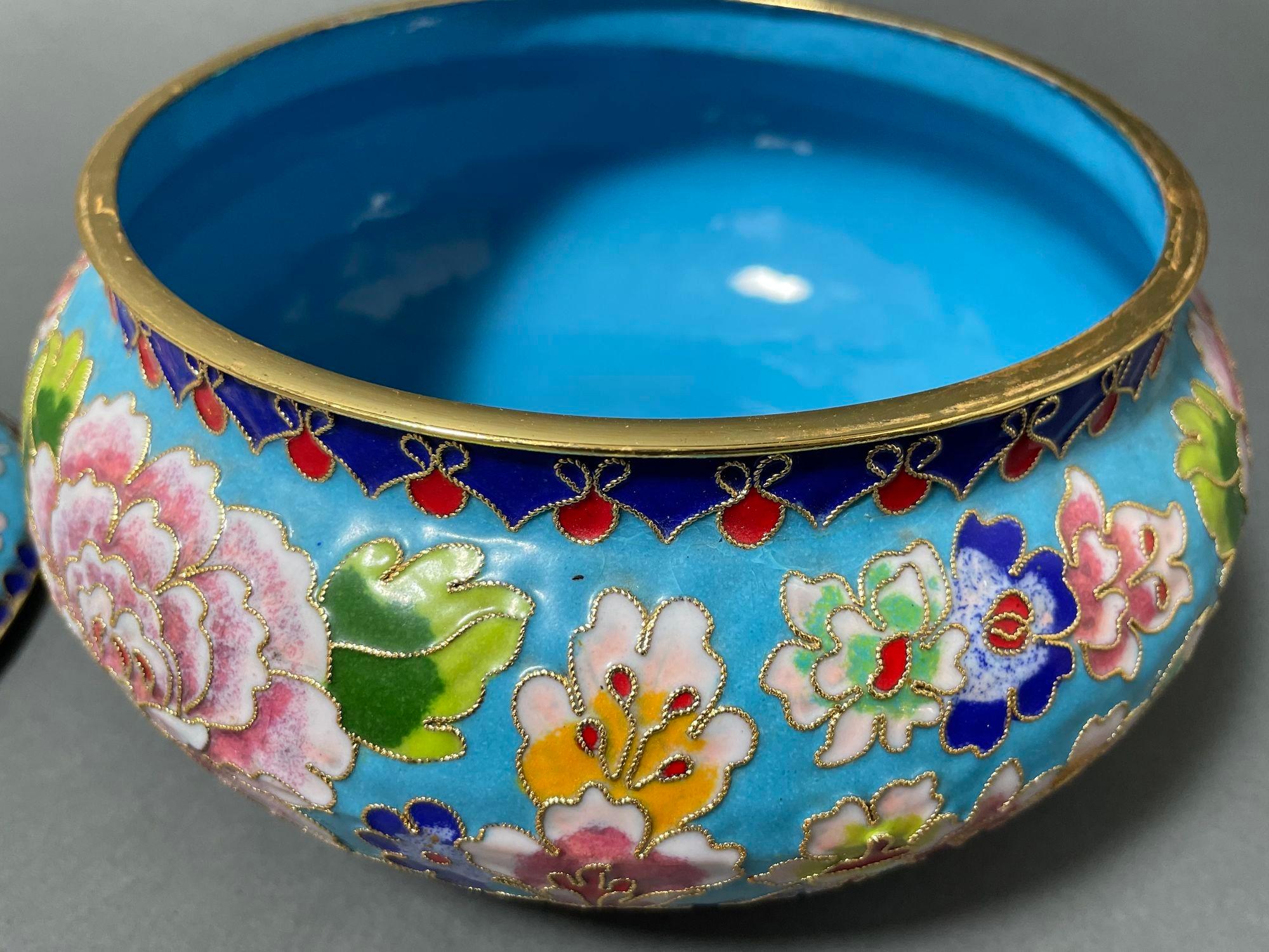 Brass Asian Chinese Cloisone Box with Lid Turquoise Cobalt Pink Colors.