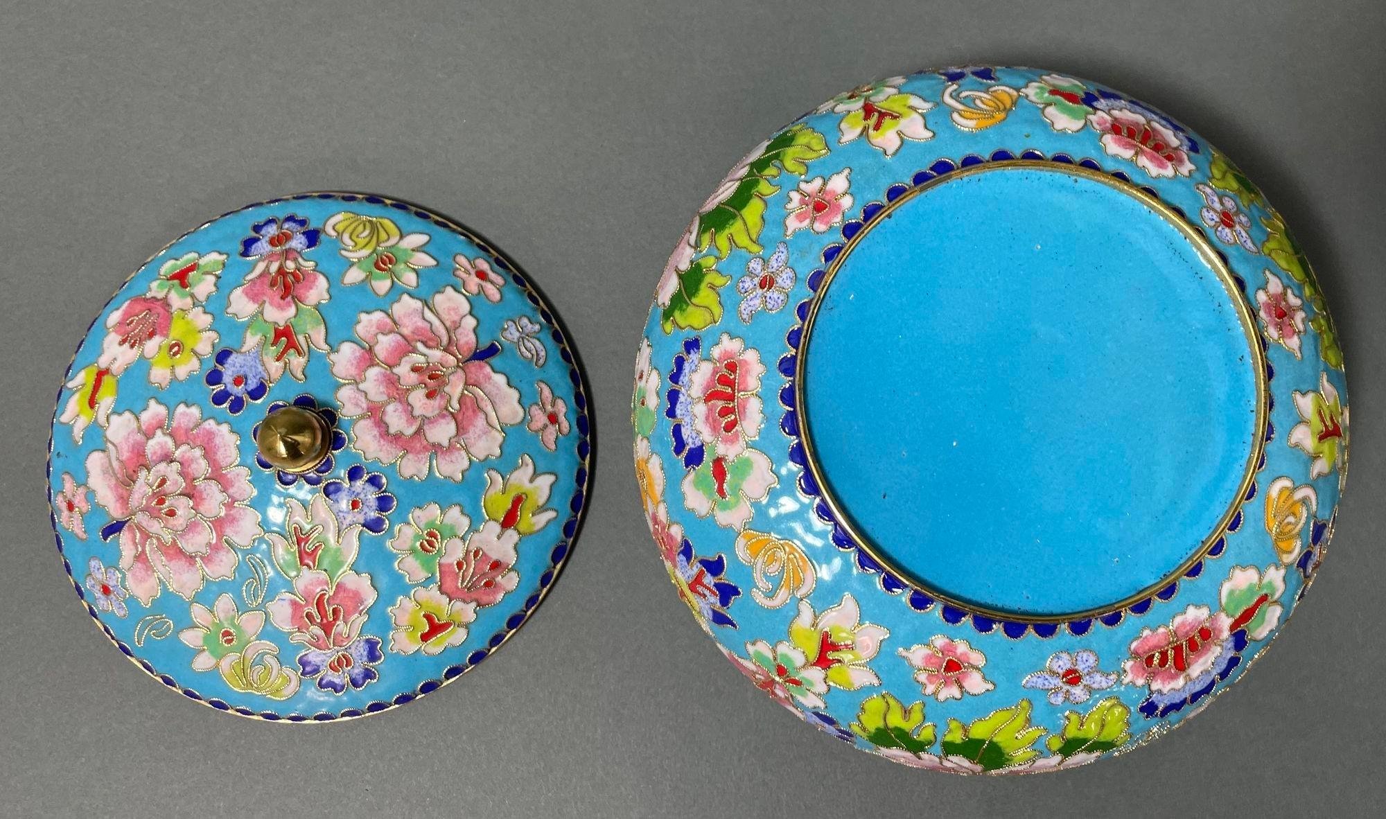 Asian Chinese Cloisone Box with Lid Turquoise Cobalt Pink Colors. 1