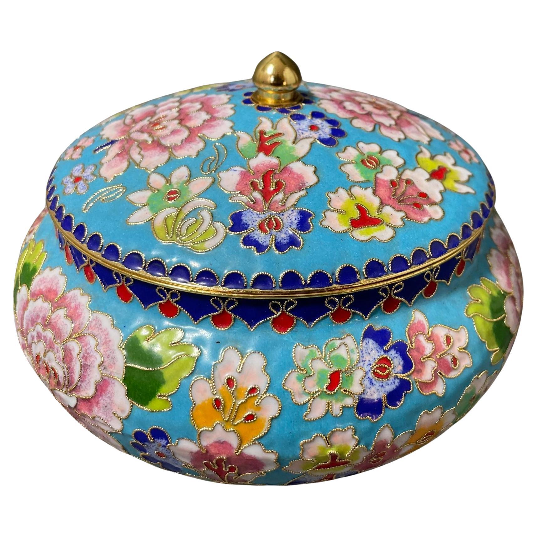Asian Chinese Cloisone Box with Lid Turquoise Cobalt Pink Colors.