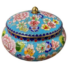Vintage Asian Chinese Cloisone Box with Lid Turquoise Cobalt Pink Colors.