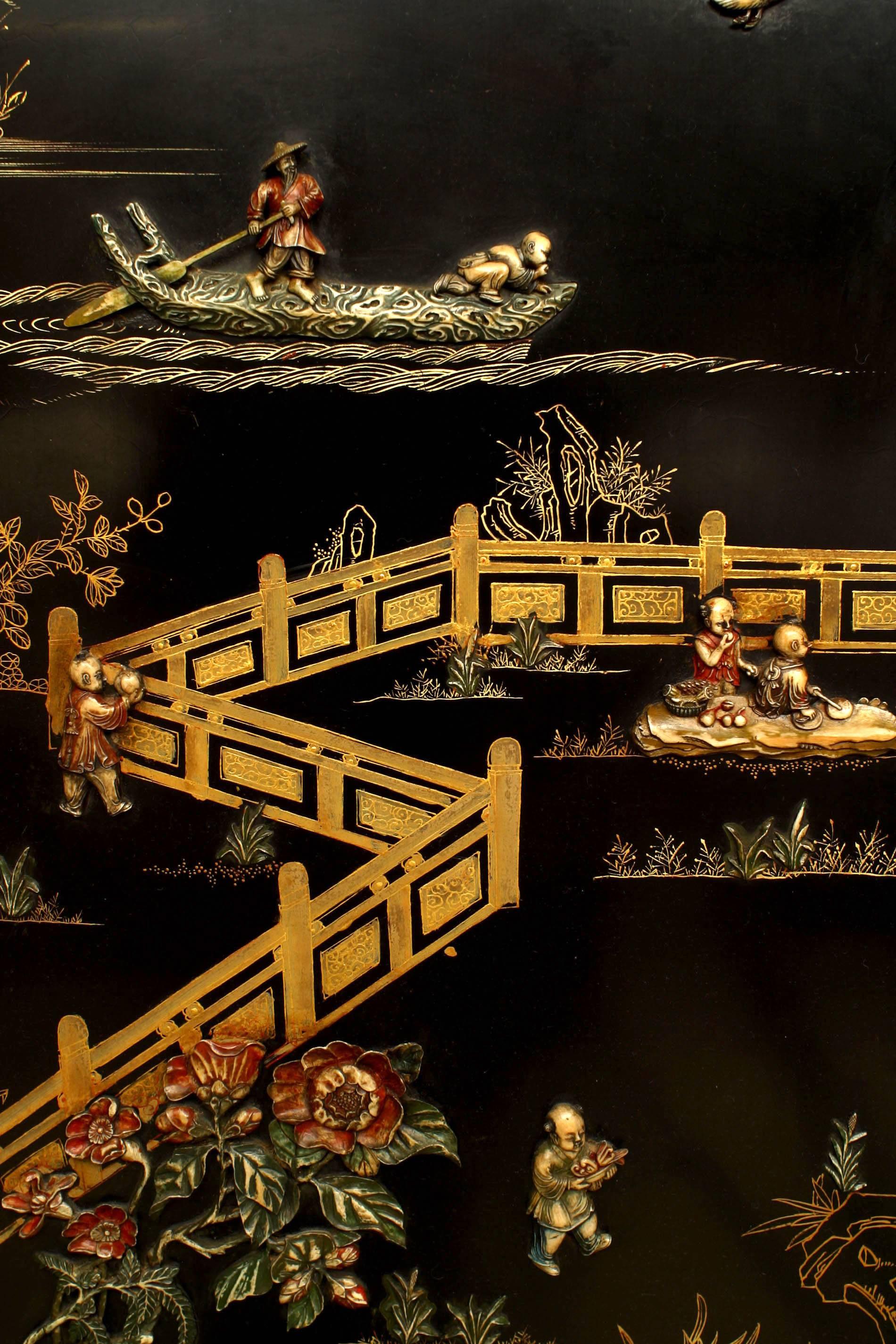 Asian Chinese 'Qing Dynasty Century' Four Panel Polychromed and Lacquered Screen For Sale 5