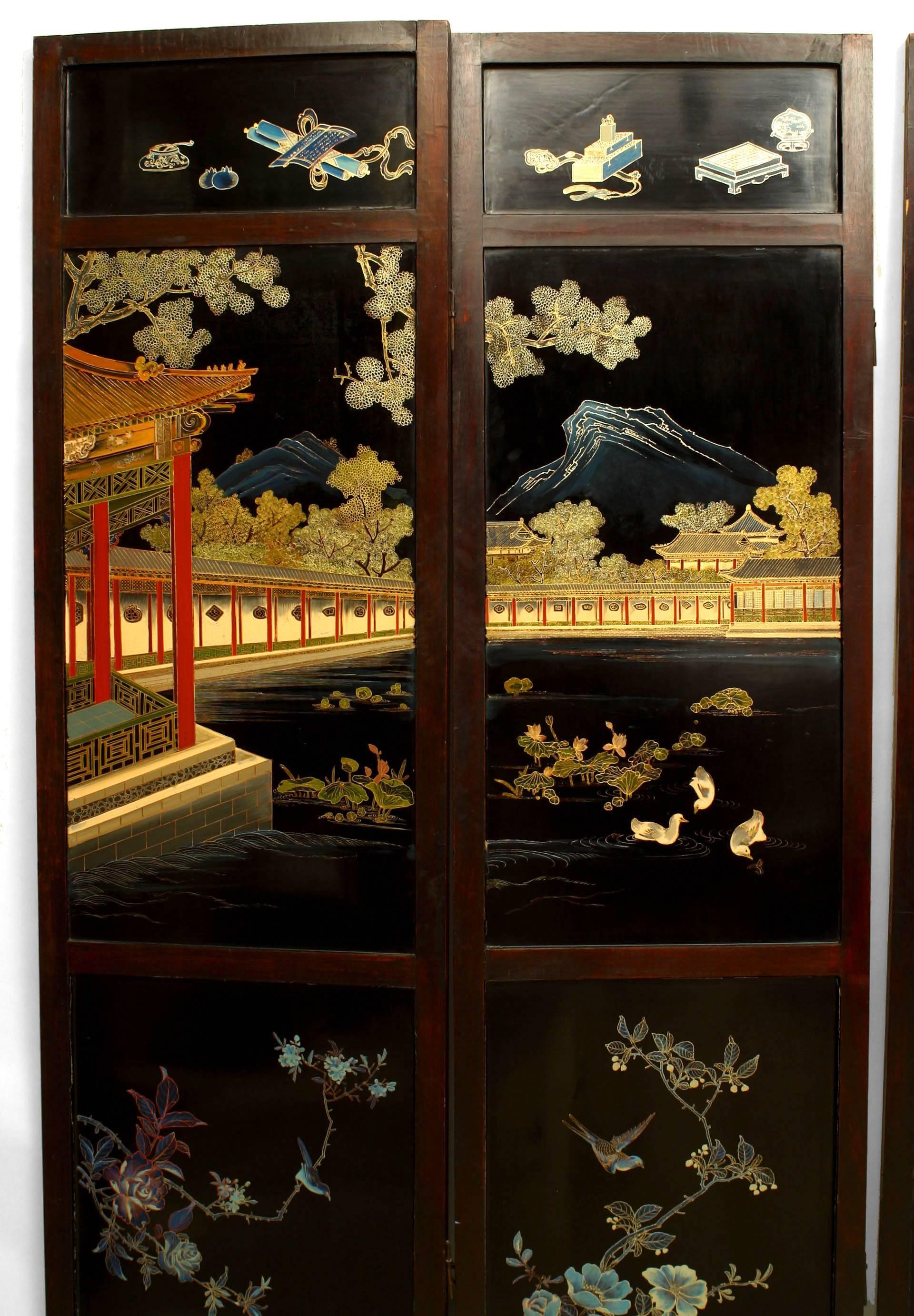 Asian Chinese 'Qing Dynasty Century' Four Panel Polychromed and Lacquered Screen For Sale 7