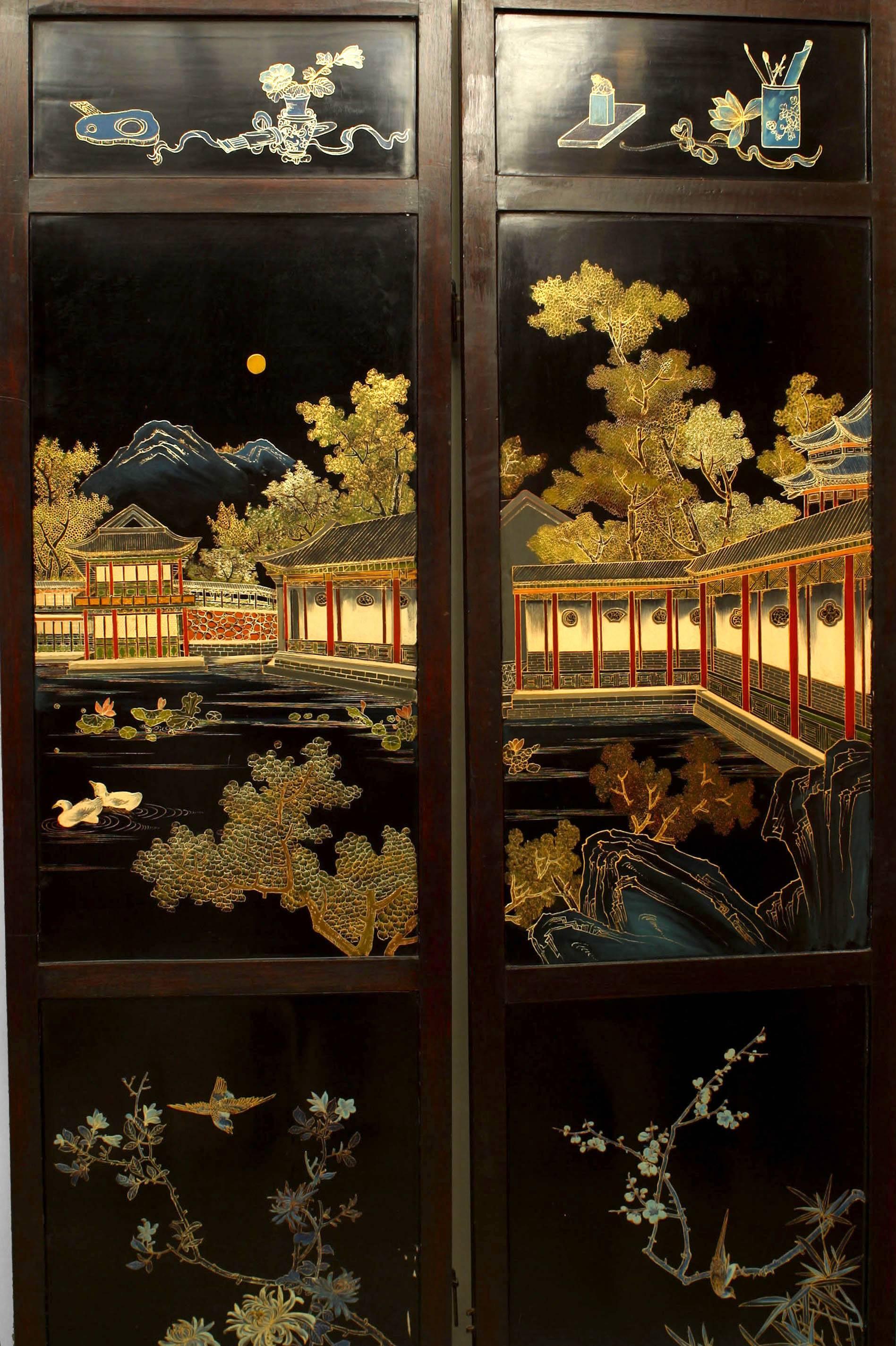 Asian Chinese 'Qing Dynasty Century' Four Panel Polychromed and Lacquered Screen For Sale 8