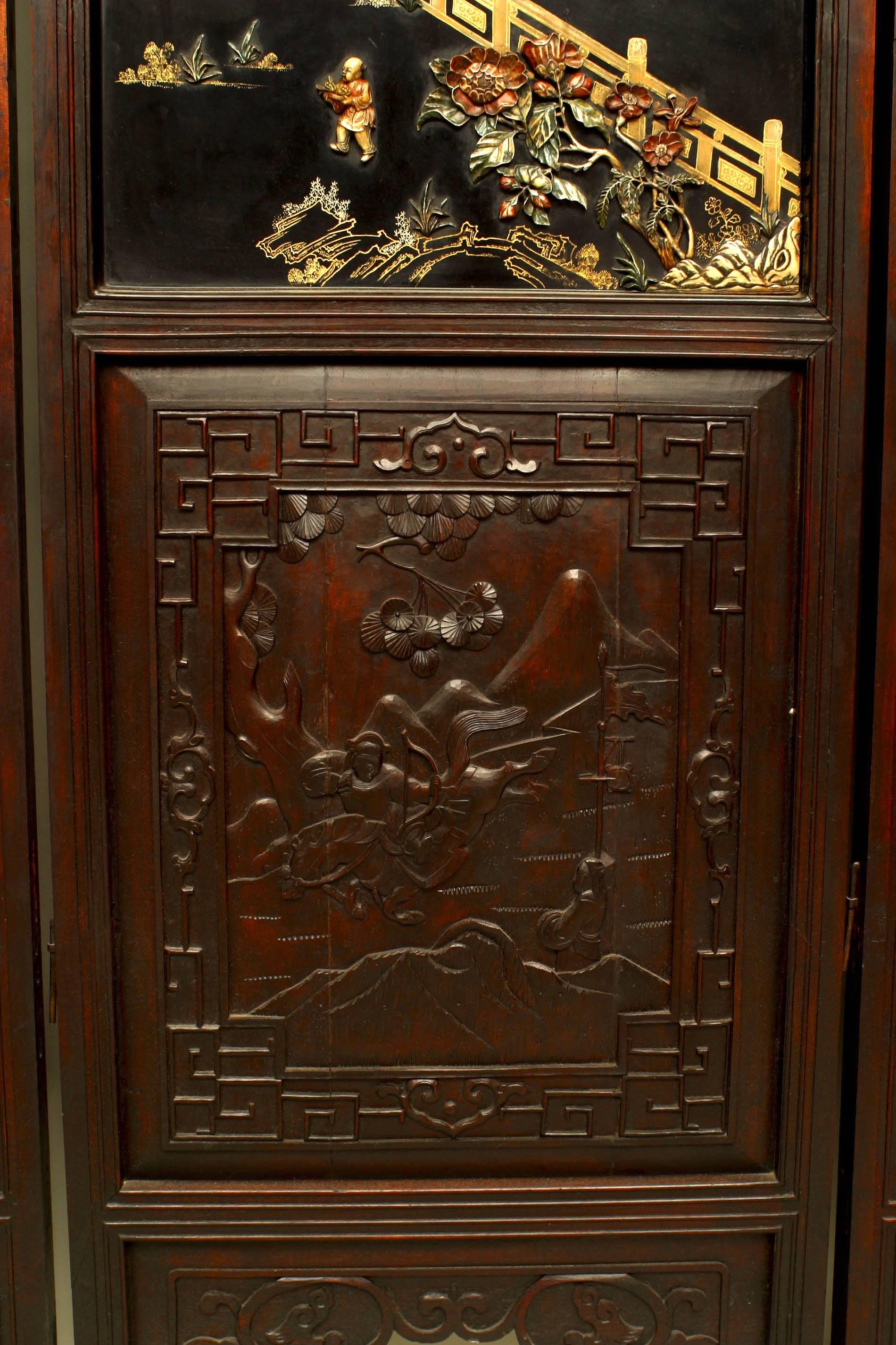 Asian Chinese 'Qing Dynasty Century' Four Panel Polychromed and Lacquered Screen For Sale 9