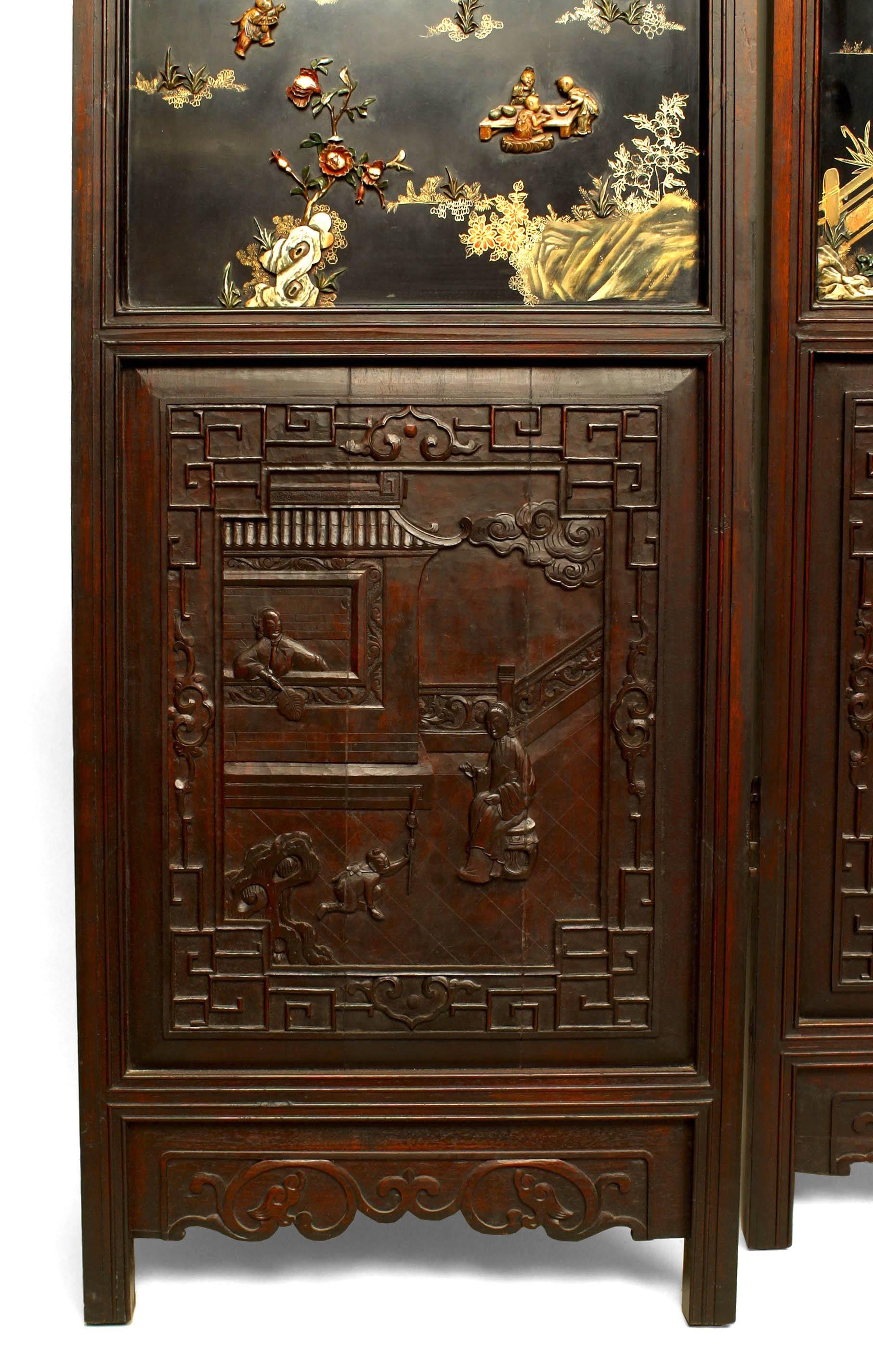 Asian Chinese 'Qing Dynasty Century' Four Panel Polychromed and Lacquered Screen For Sale 10