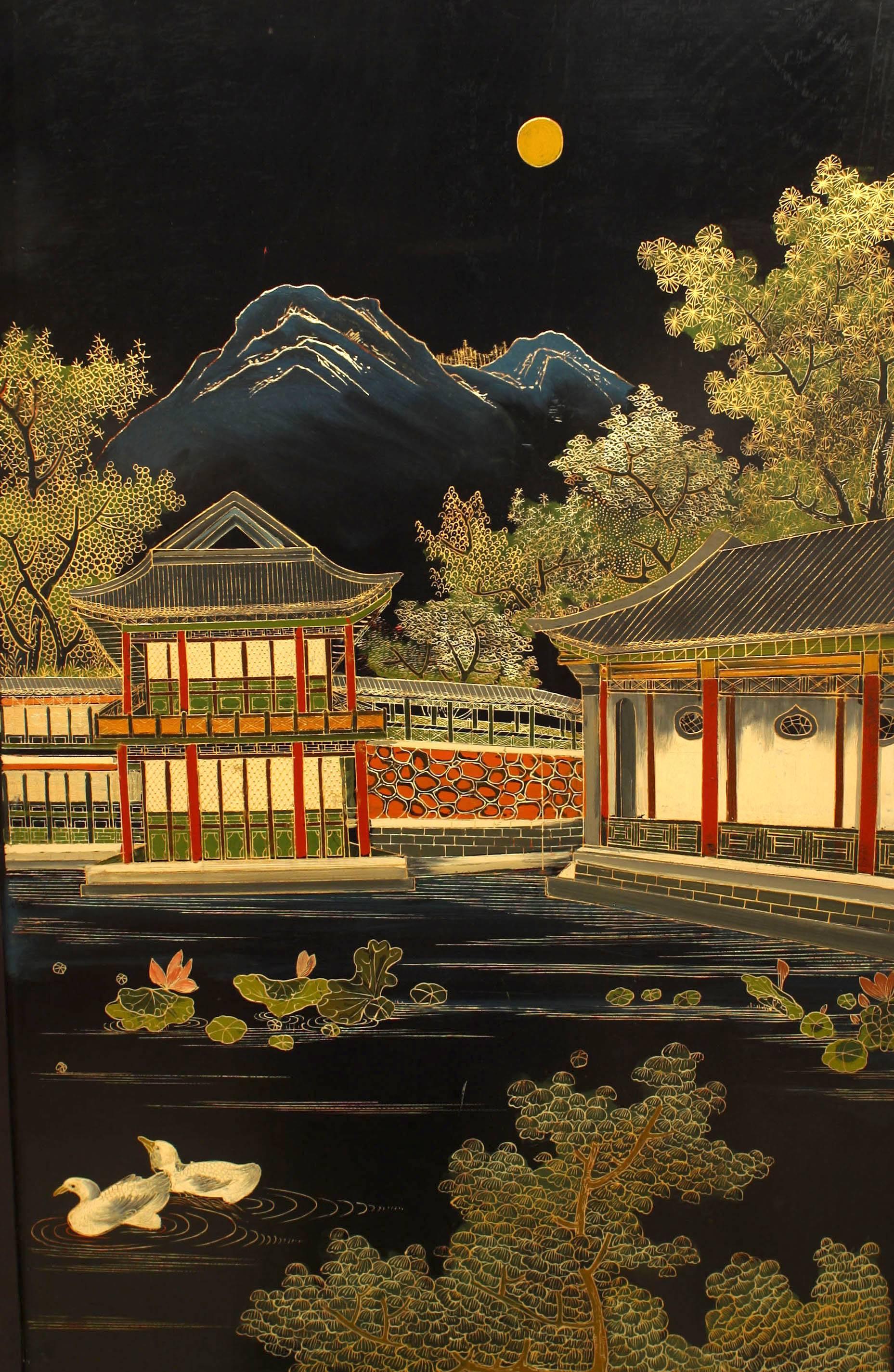 Asian Chinese 'Qing Dynasty Century' Four Panel Polychromed and Lacquered Screen For Sale 11