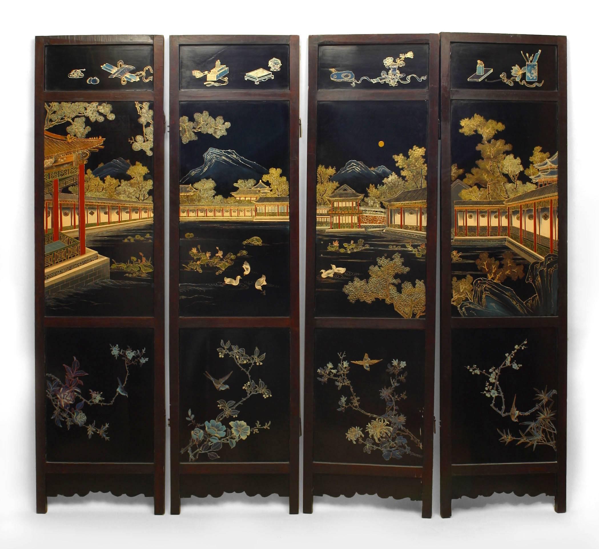 Asian Chinese (Qing dynasty century) four panel polychromed and lacquered screen with carved figures and scenes in a carved relief frame, reverse lacquered (restorations).
 