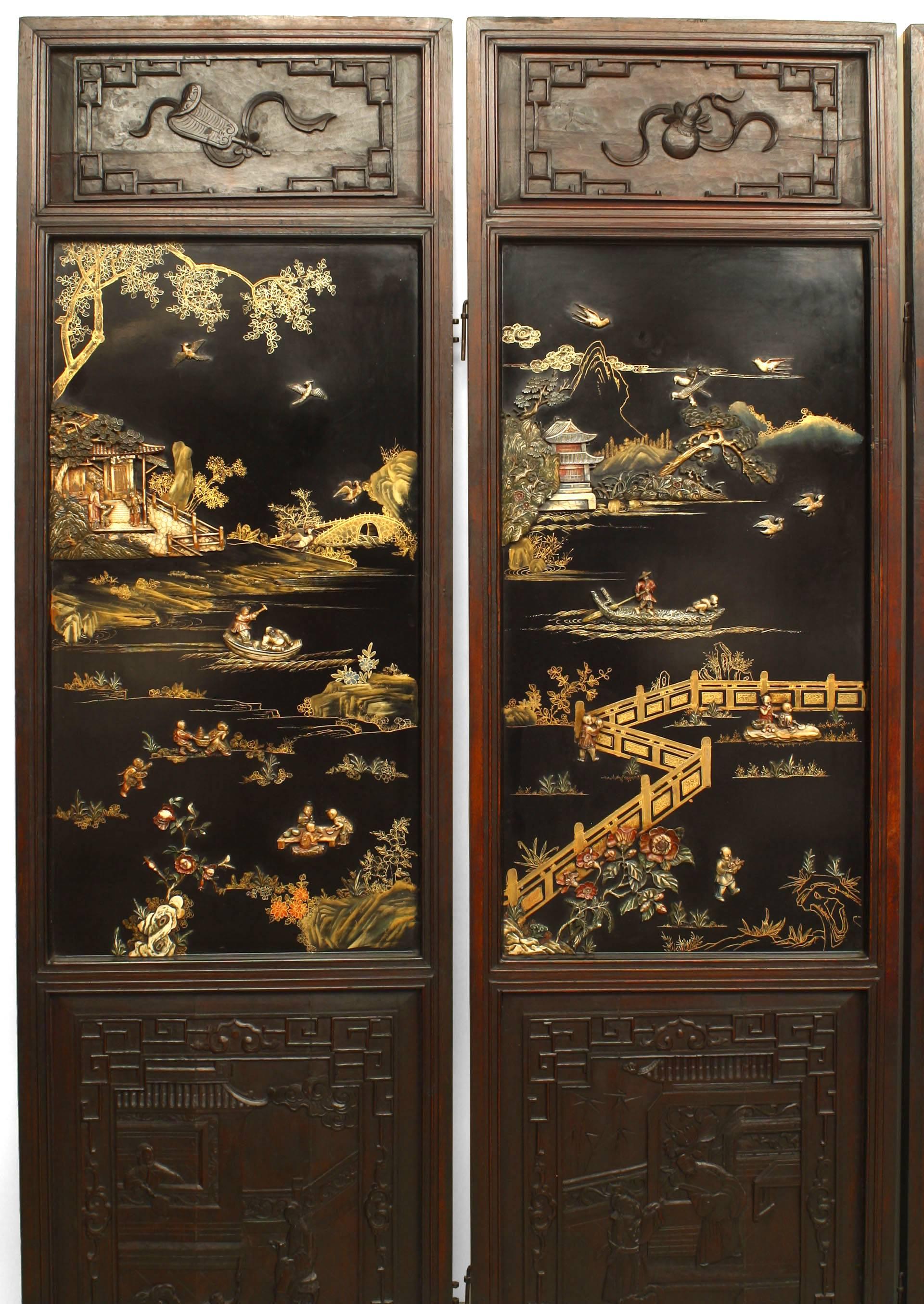 Asian Chinese 'Qing Dynasty Century' Four Panel Polychromed and Lacquered Screen In Good Condition For Sale In Queens, NY