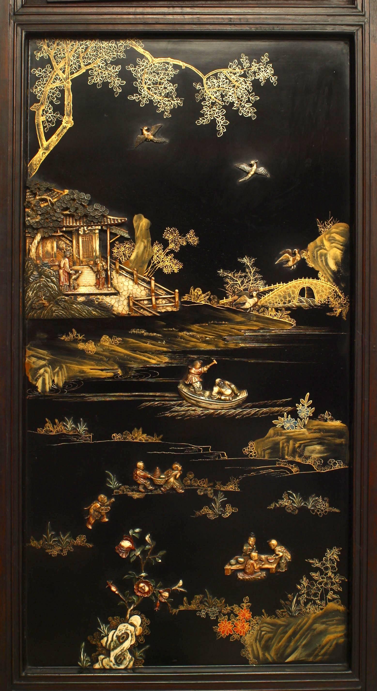 19th Century Asian Chinese 'Qing Dynasty Century' Four Panel Polychromed and Lacquered Screen For Sale