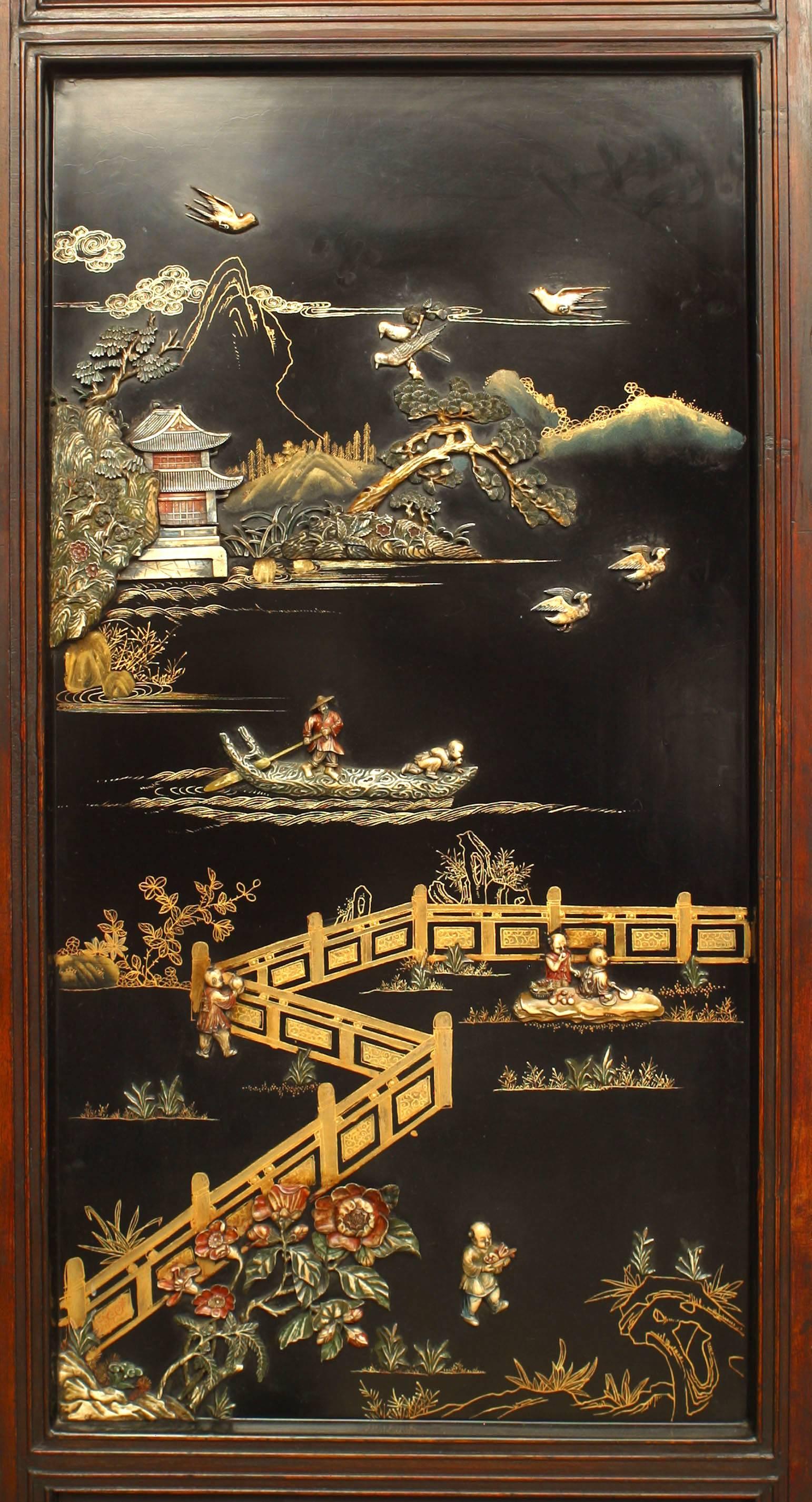 Asian Chinese 'Qing Dynasty Century' Four Panel Polychromed and Lacquered Screen For Sale 1