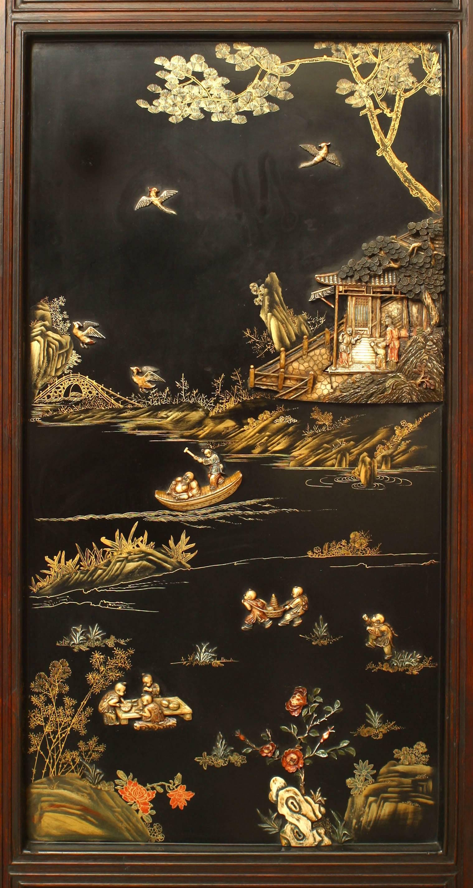 Asian Chinese 'Qing Dynasty Century' Four Panel Polychromed and Lacquered Screen For Sale 3