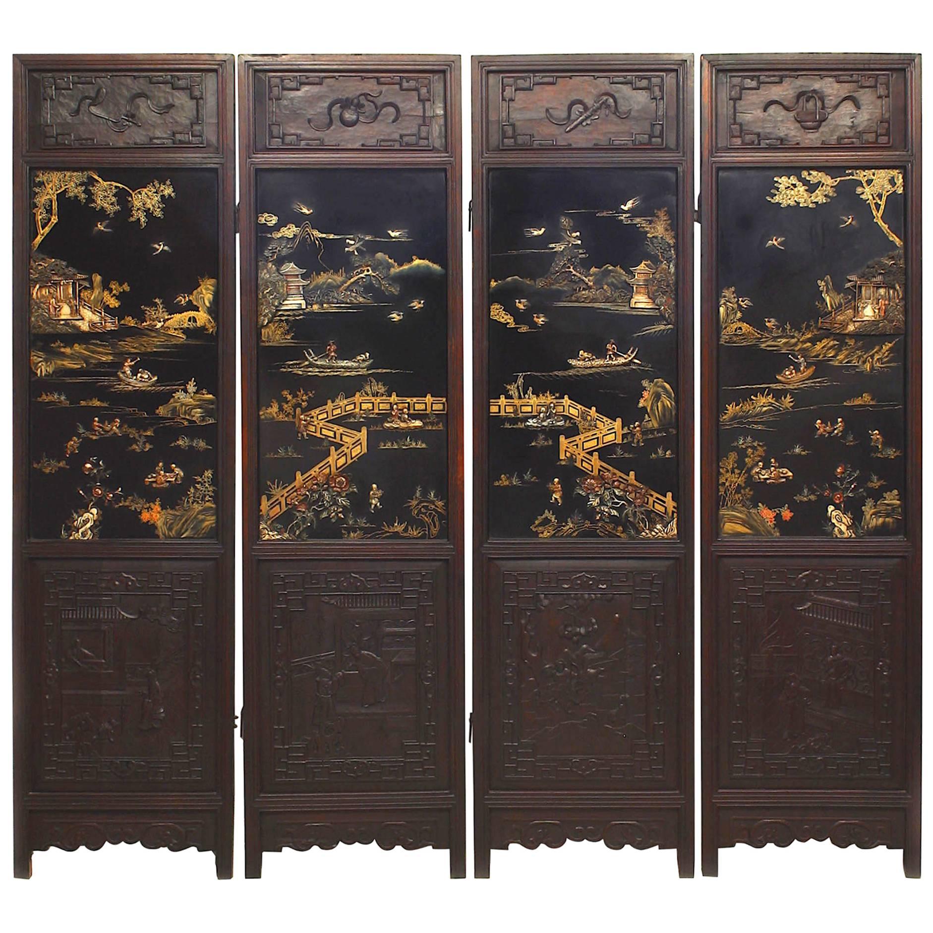 Asian Chinese 'Qing Dynasty Century' Four Panel Polychromed and Lacquered Screen