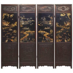 Asian Chinese 'Qing Dynasty Century' Four Panel Polychromed and Lacquered Screen