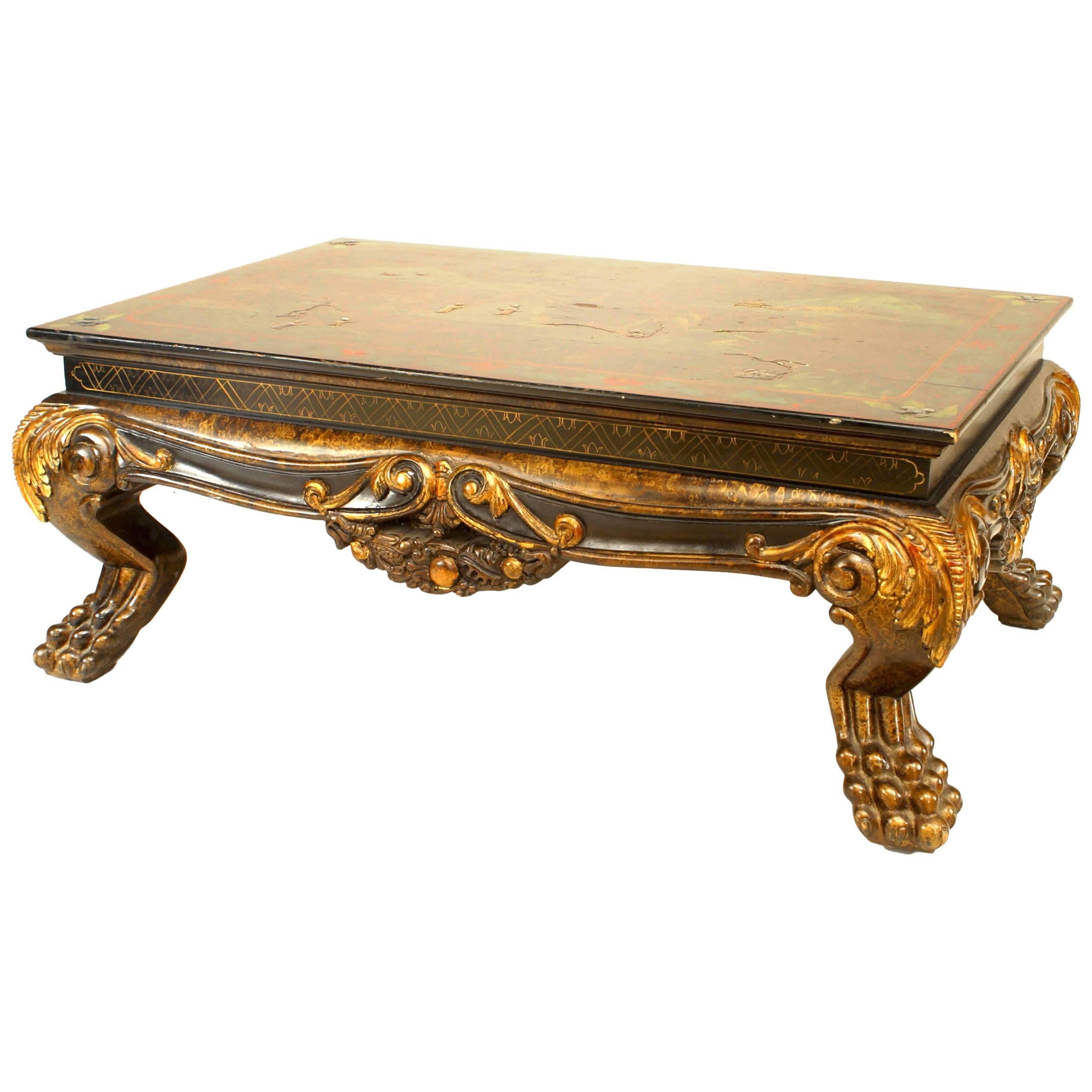 Table basse laquée de style chinois asiatique représentant une scène de paysage