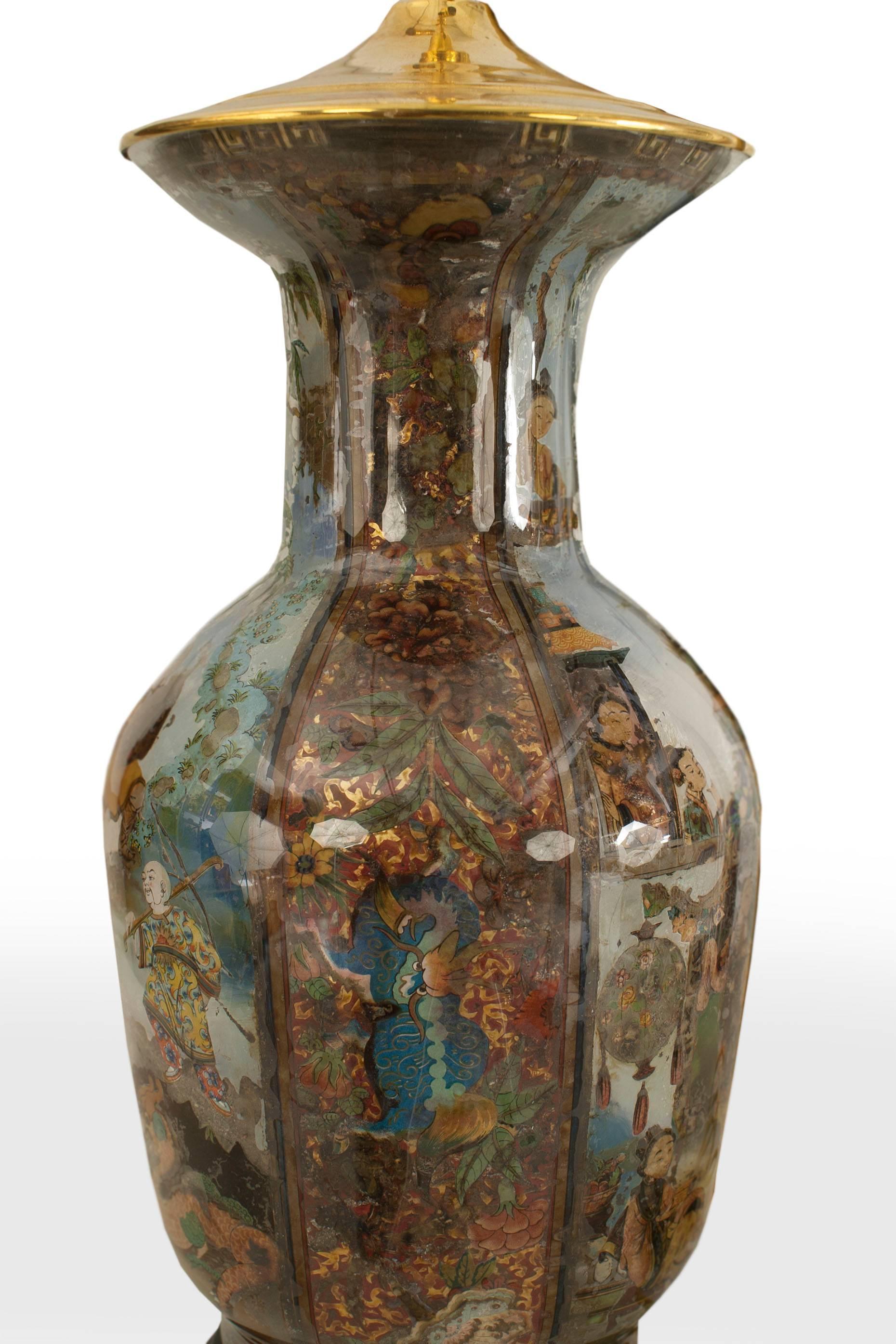 Asian Chinese style (19th Century) glass shaped vase mounted as a table lamp with √©glomis√© decorated scenes & figures.
