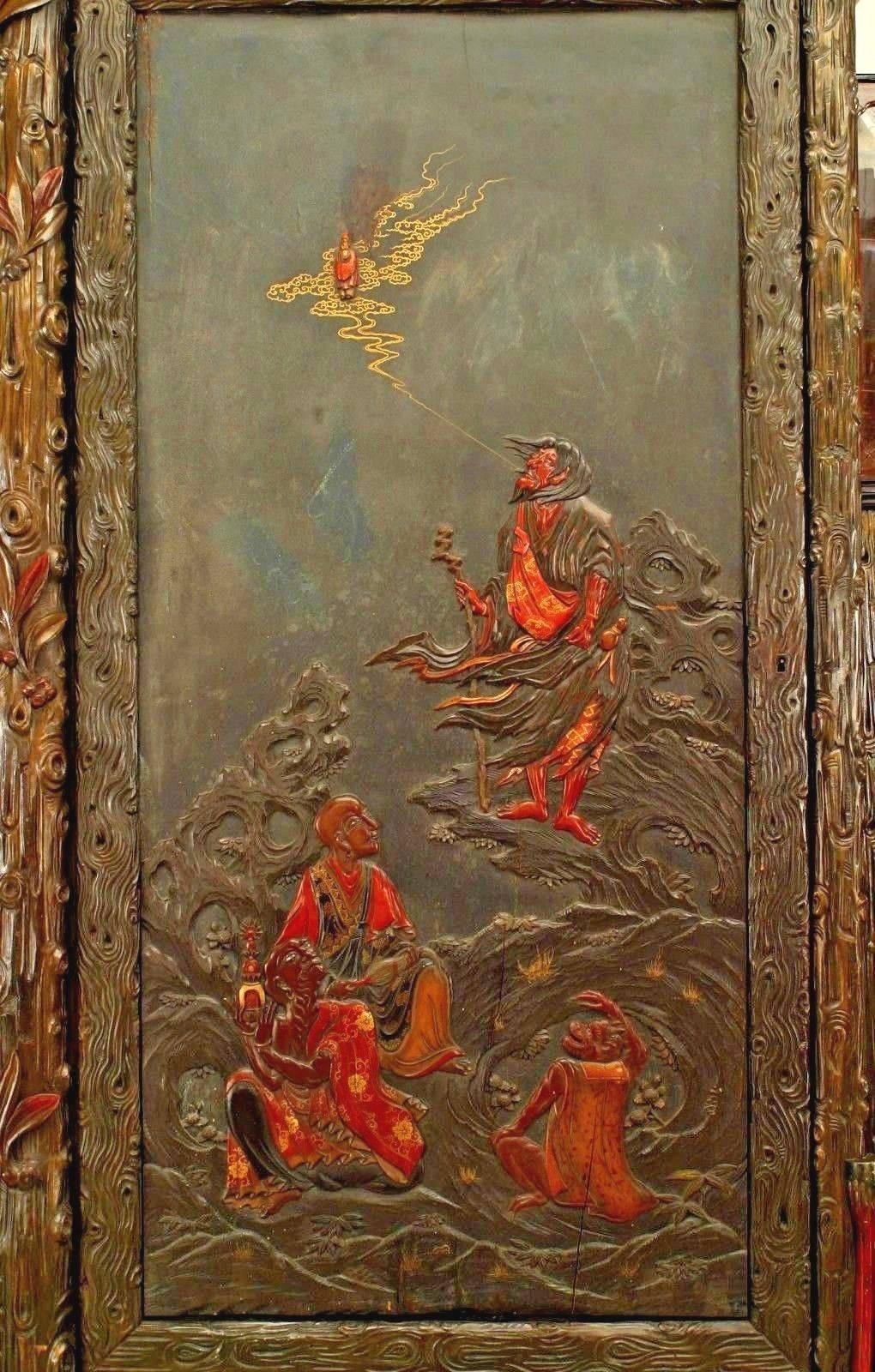 Wood Chinese Style Carved and Lacquered Armoire For Sale