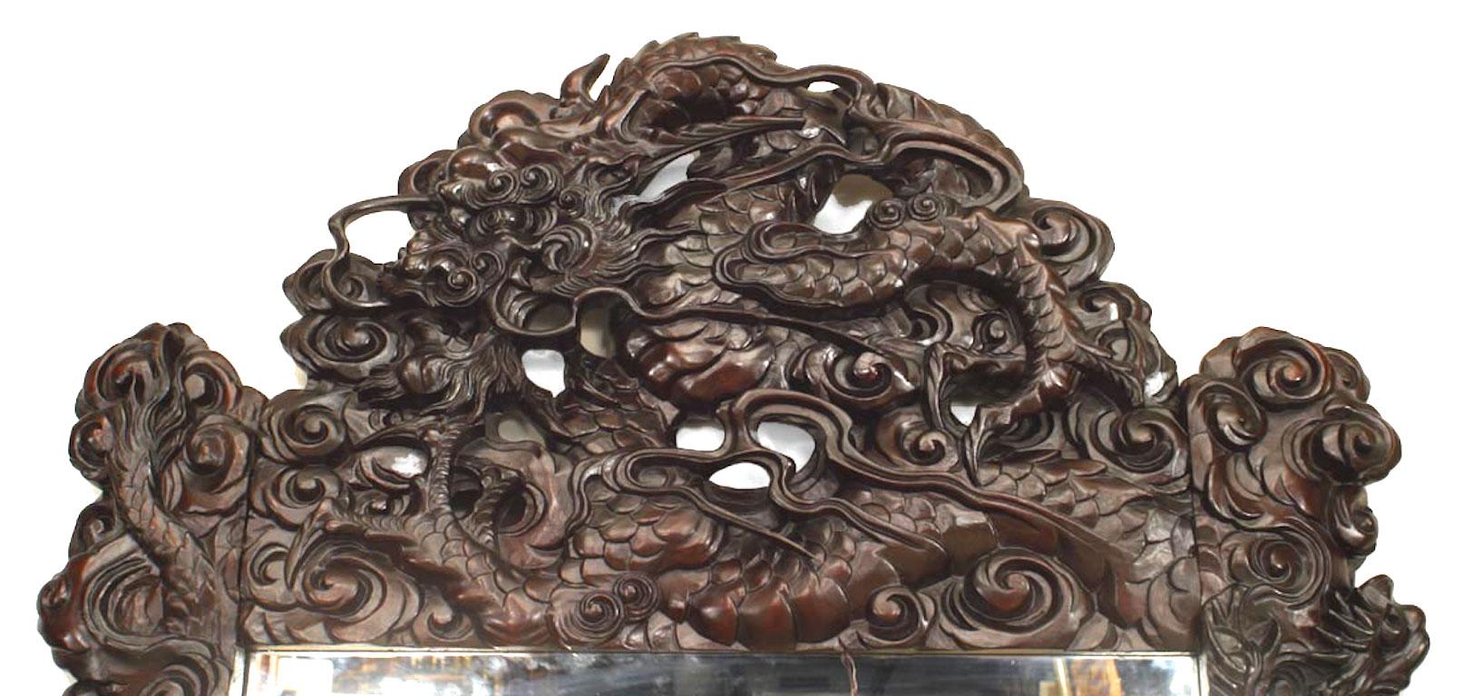 Unknown Asian Chinese Style Carved Mahogany and Bevelled Glass Dragon Wall Mirror For Sale