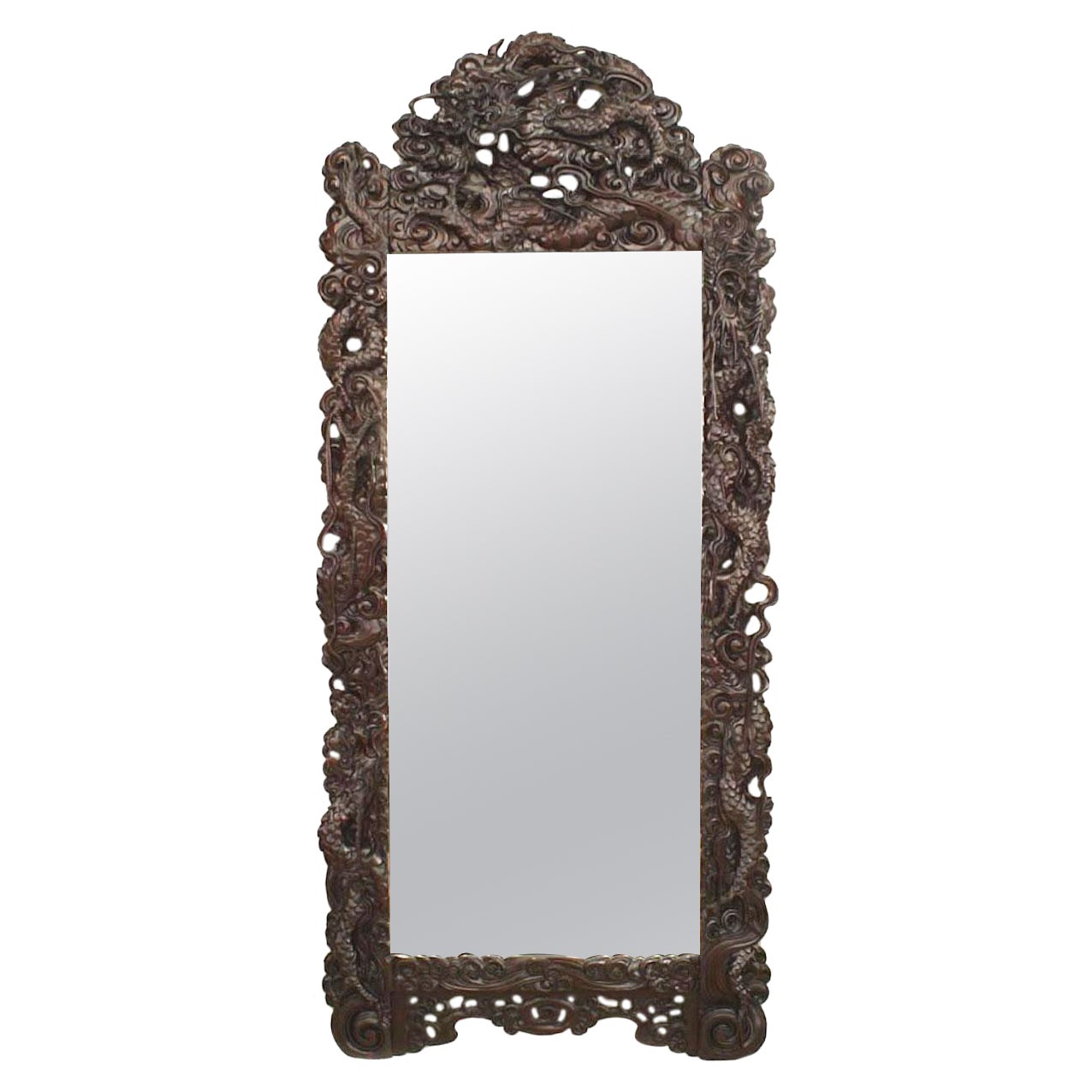 Asian Chinese Style Carved Mahogany and Bevelled Glass Dragon Wall Mirror