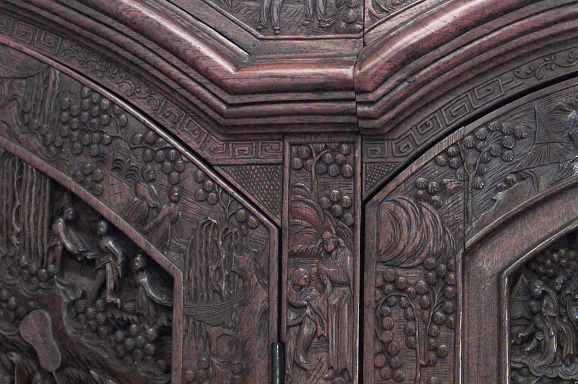 Asian Chinese-style (19th Century) large carved teakwood 3 door armoire cabinet with oval mirror
