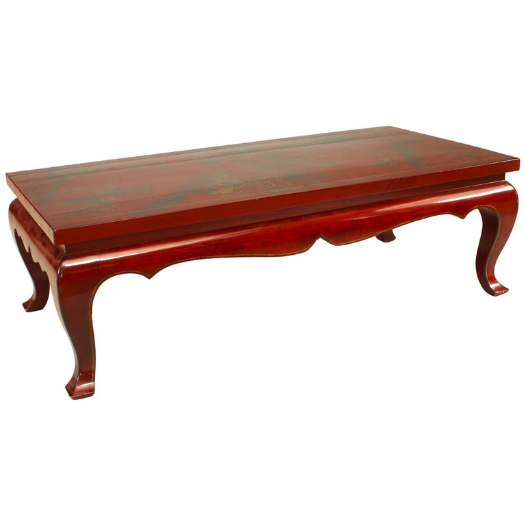 Asian Chinese Style Rectangular Red Lacquered Coffee Table For Sale at