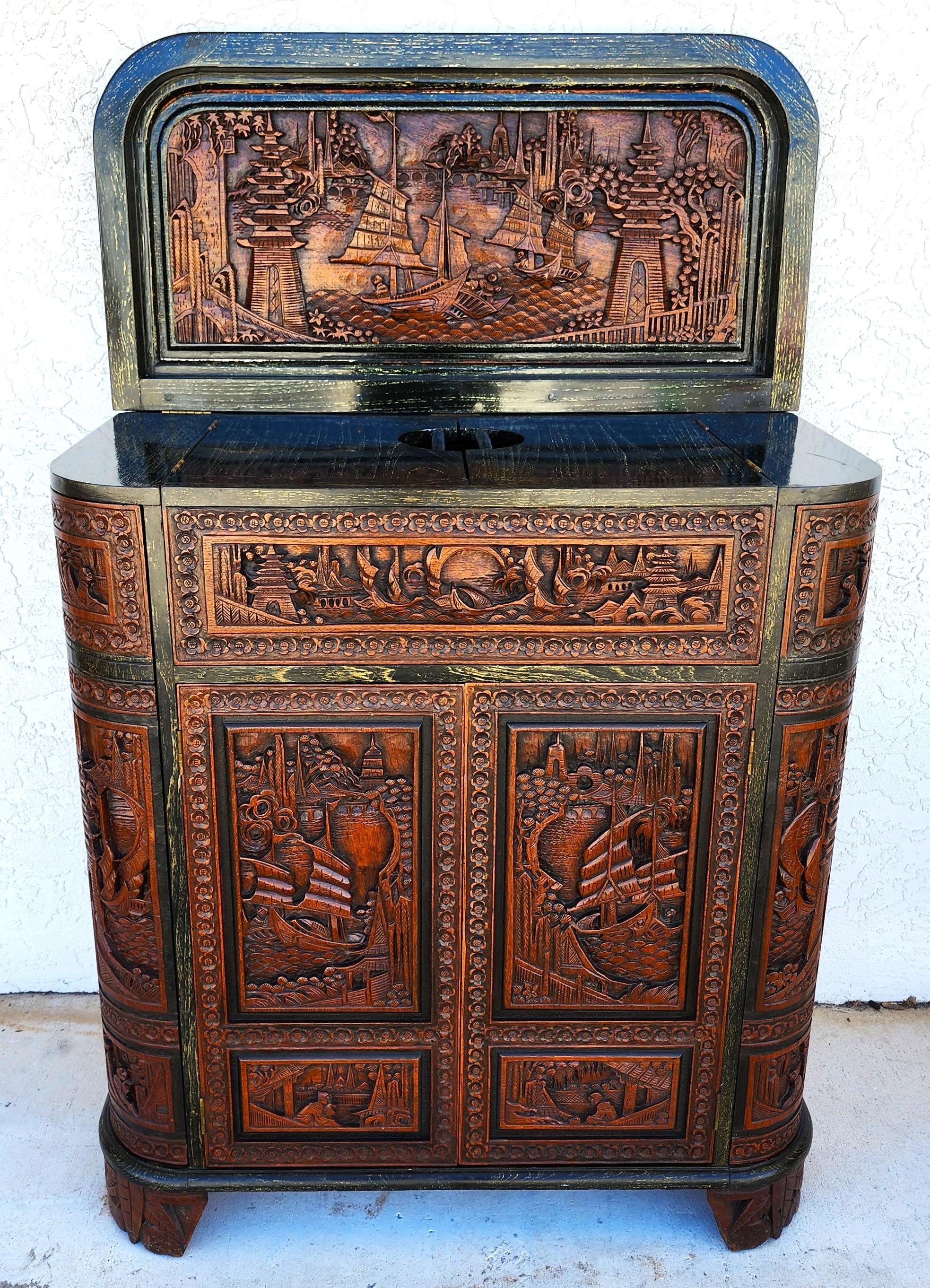 Wood George Zee Asian Chinoiserie Bar Cabinet Rosewood  For Sale