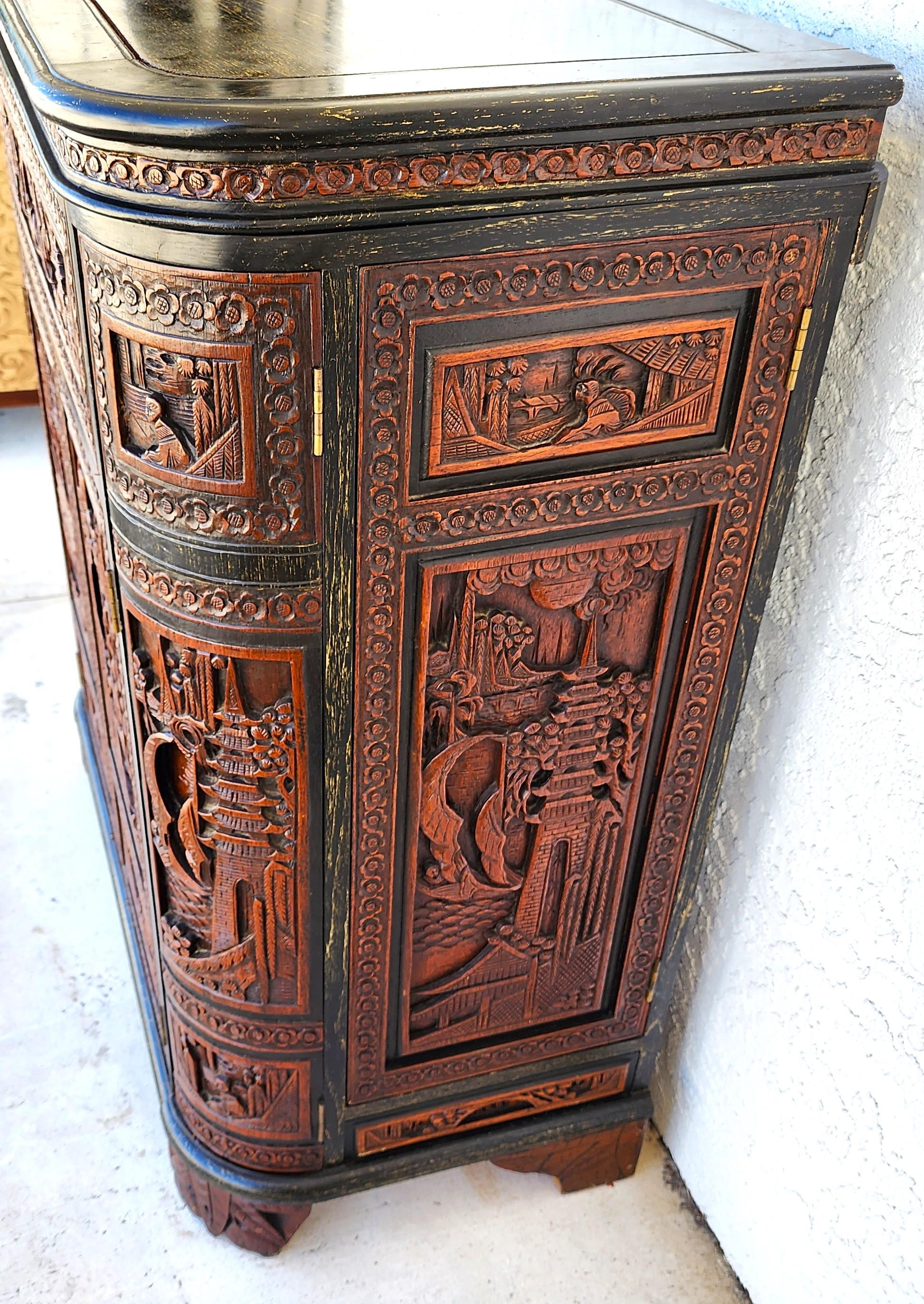 Hand-Carved George Zee Asian Chinoiserie Bar Cabinet Rosewood  For Sale