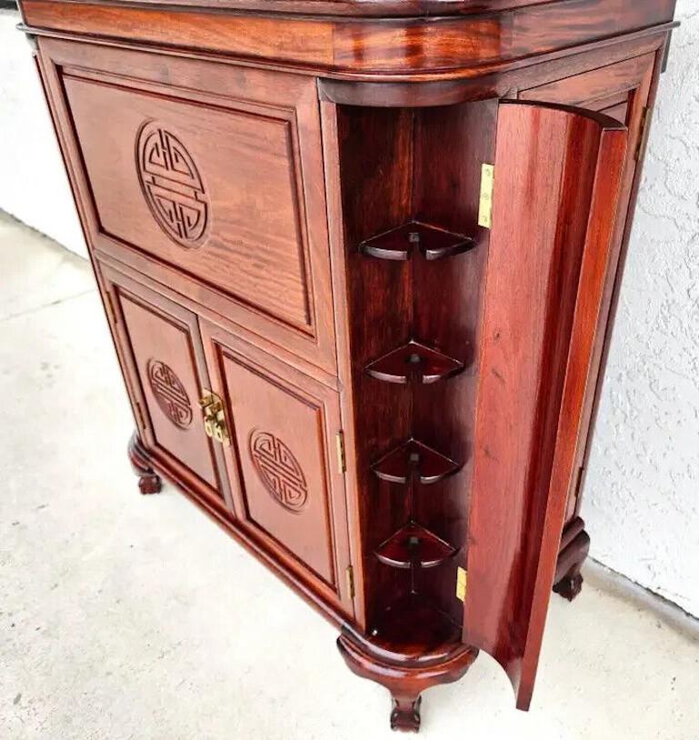 Carved Asian Bar Cabinet Rosewood Vintage For Sale
