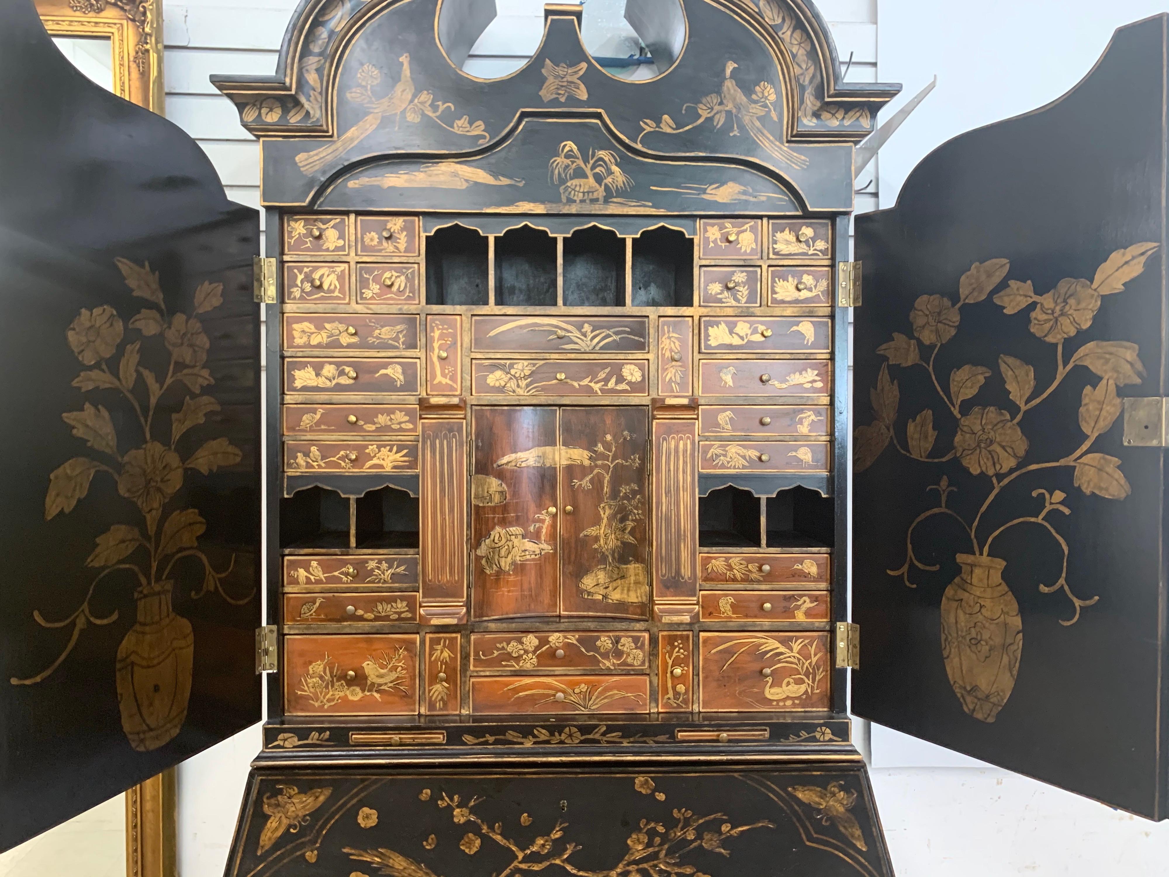 Asian Chinoiserie Black Lacquer and Gold Secretary Desk Hand Painted Secretaire 2
