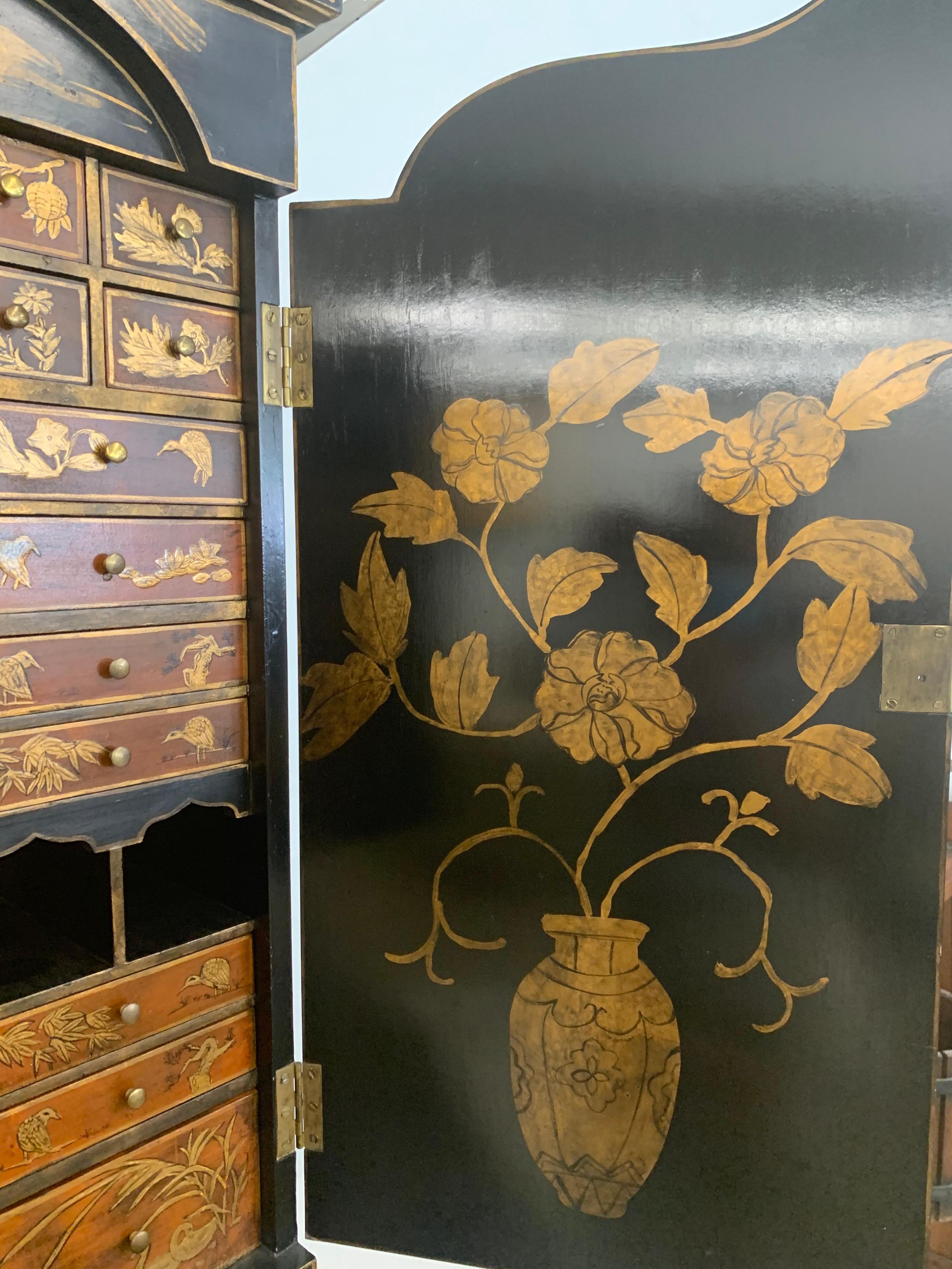 Asian Chinoiserie Black Lacquer and Gold Secretary Desk Hand Painted Secretaire 4