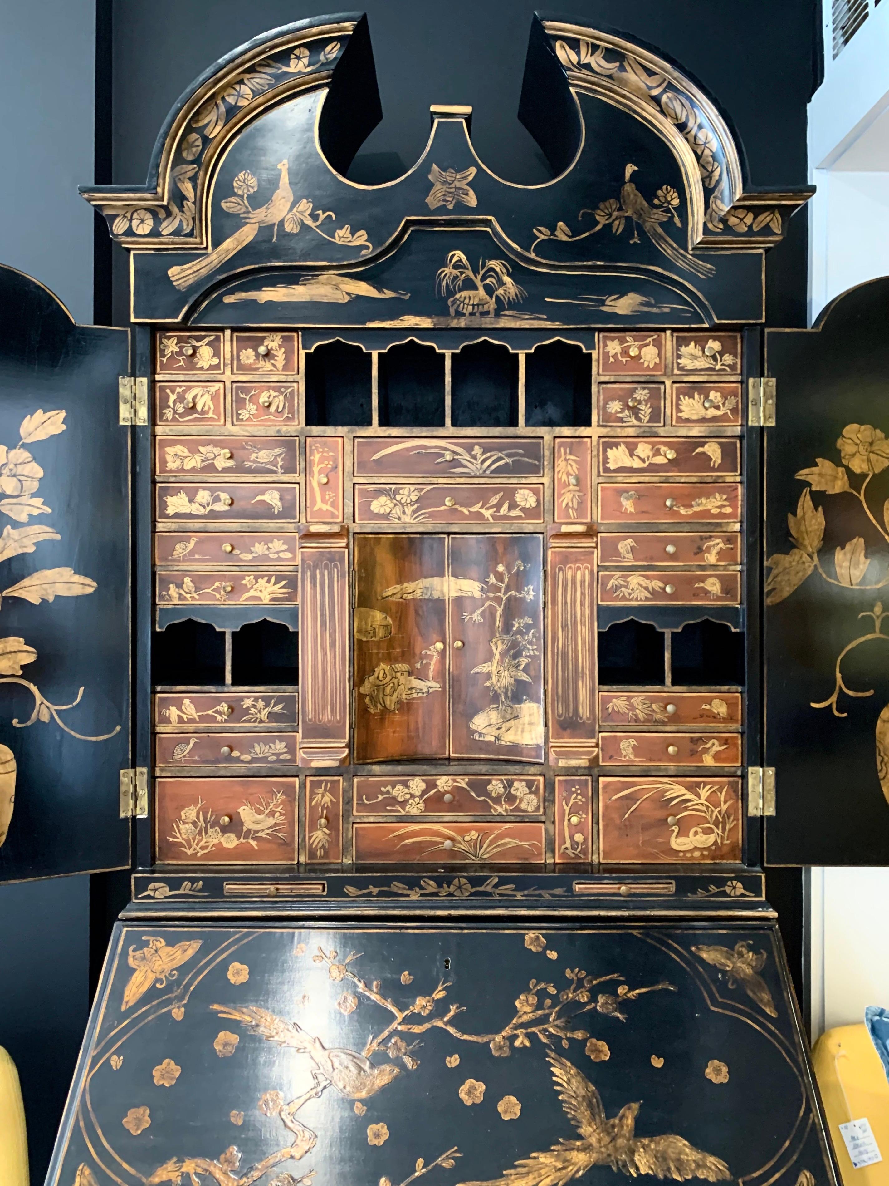 Asian Chinoiserie Black Lacquer and Gold Secretary Desk Hand Painted Secretaire 5