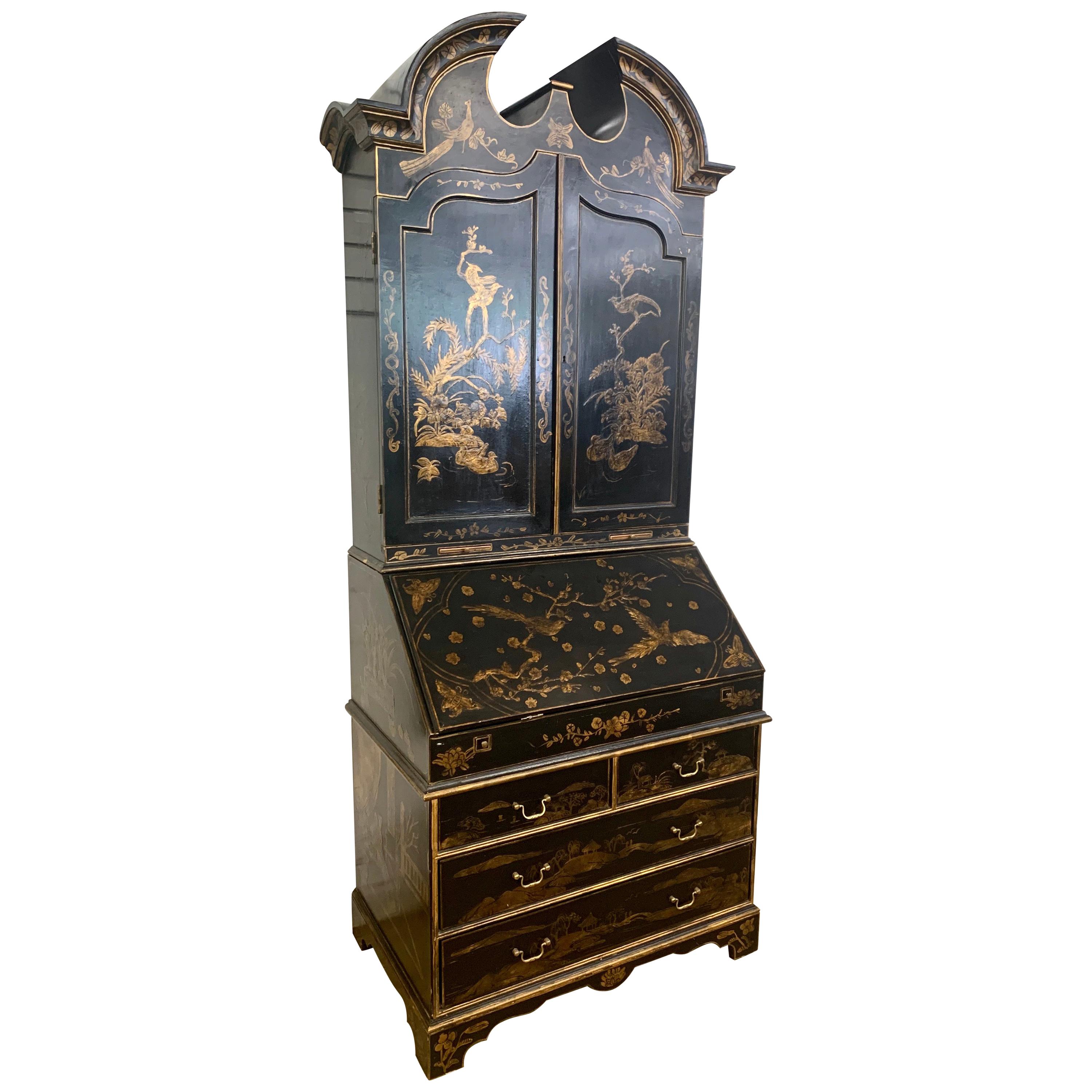 Asian Chinoiserie Black Lacquer and Gold Secretary Desk Hand Painted Secretaire