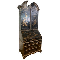 Antique Asian Chinoiserie Black Lacquer and Gold Secretary Desk Hand Painted Secretaire