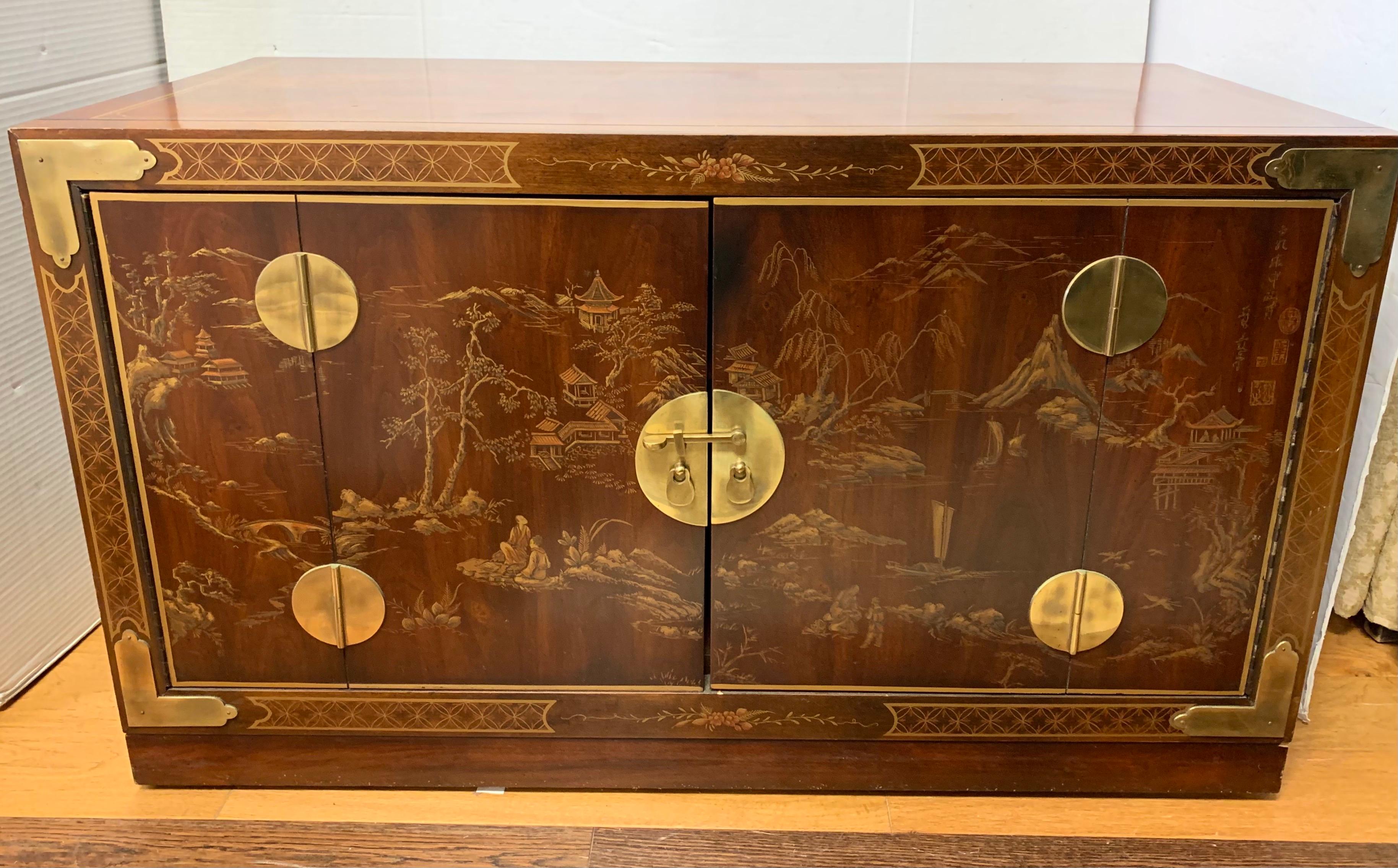 Asian Chinoiserie Brass Mounted Low Cabinet Chest Buffet Bar Chest Credenza 3
