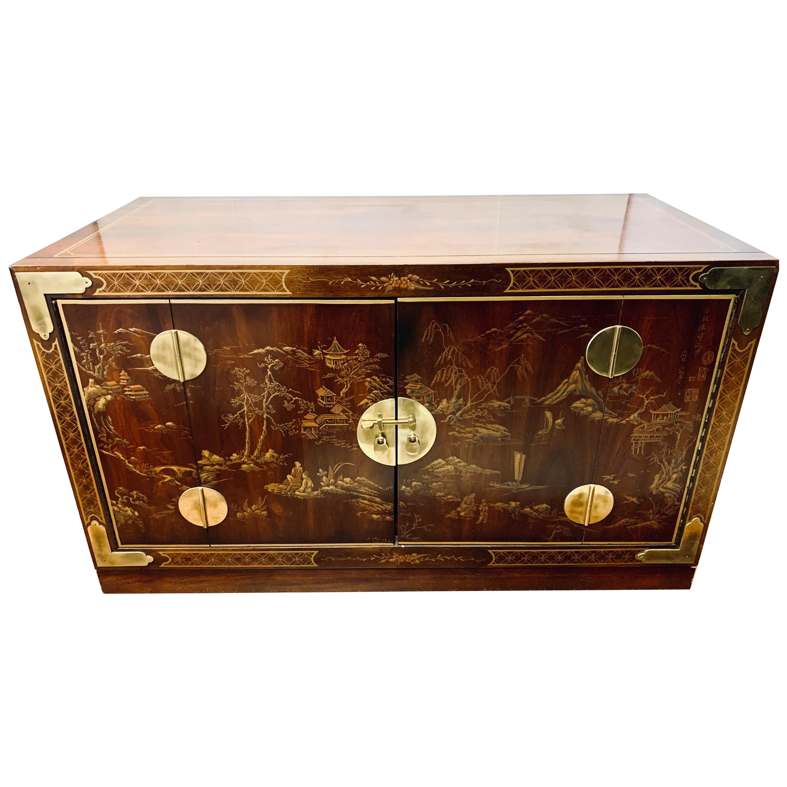Asian Chinoiserie Brass Mounted Low Cabinet Chest Buffet Bar Chest Credenza
