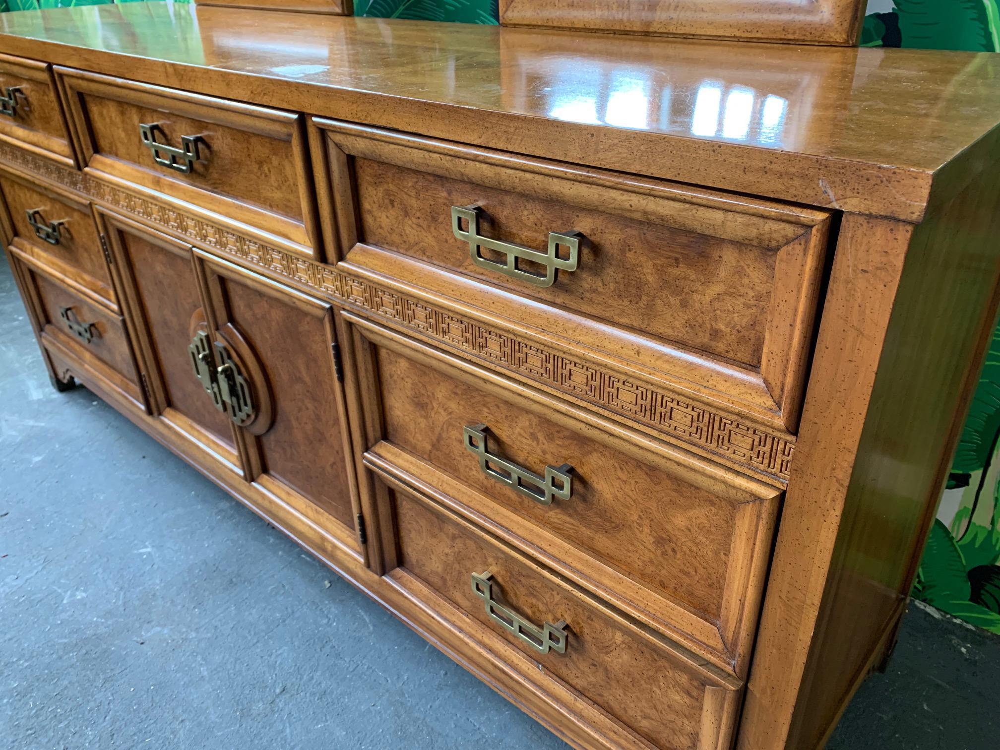 Midcentury dresser by Henry Link from the Mandarin collection. Features burl drawer faces, brass hardware, and matching mirrors. Very good vintage condition with only very minor signs of age appropriate wear.