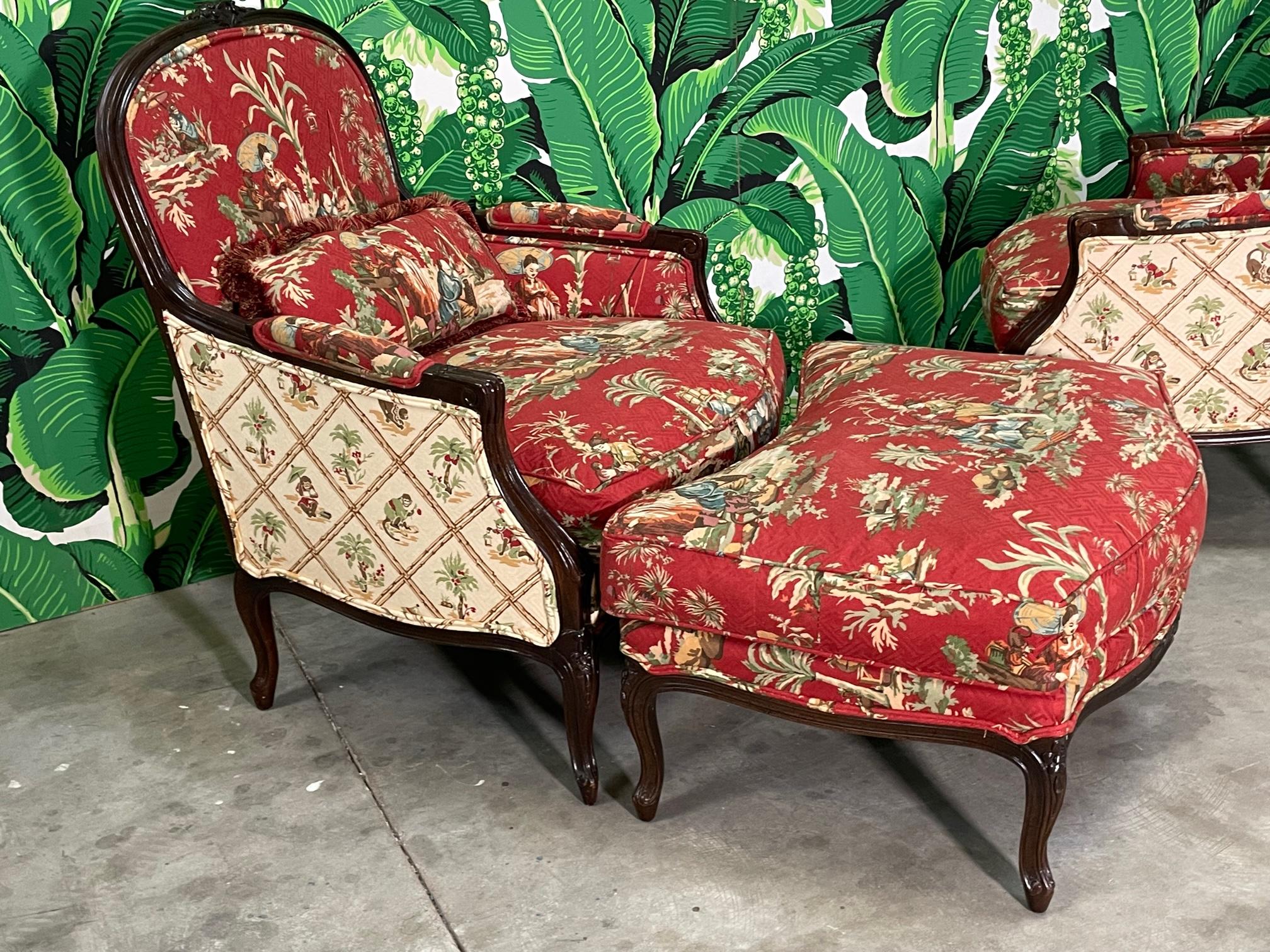 Asian Chinoiserie Carved Bergere Chairs and Ottoman In Good Condition In Jacksonville, FL