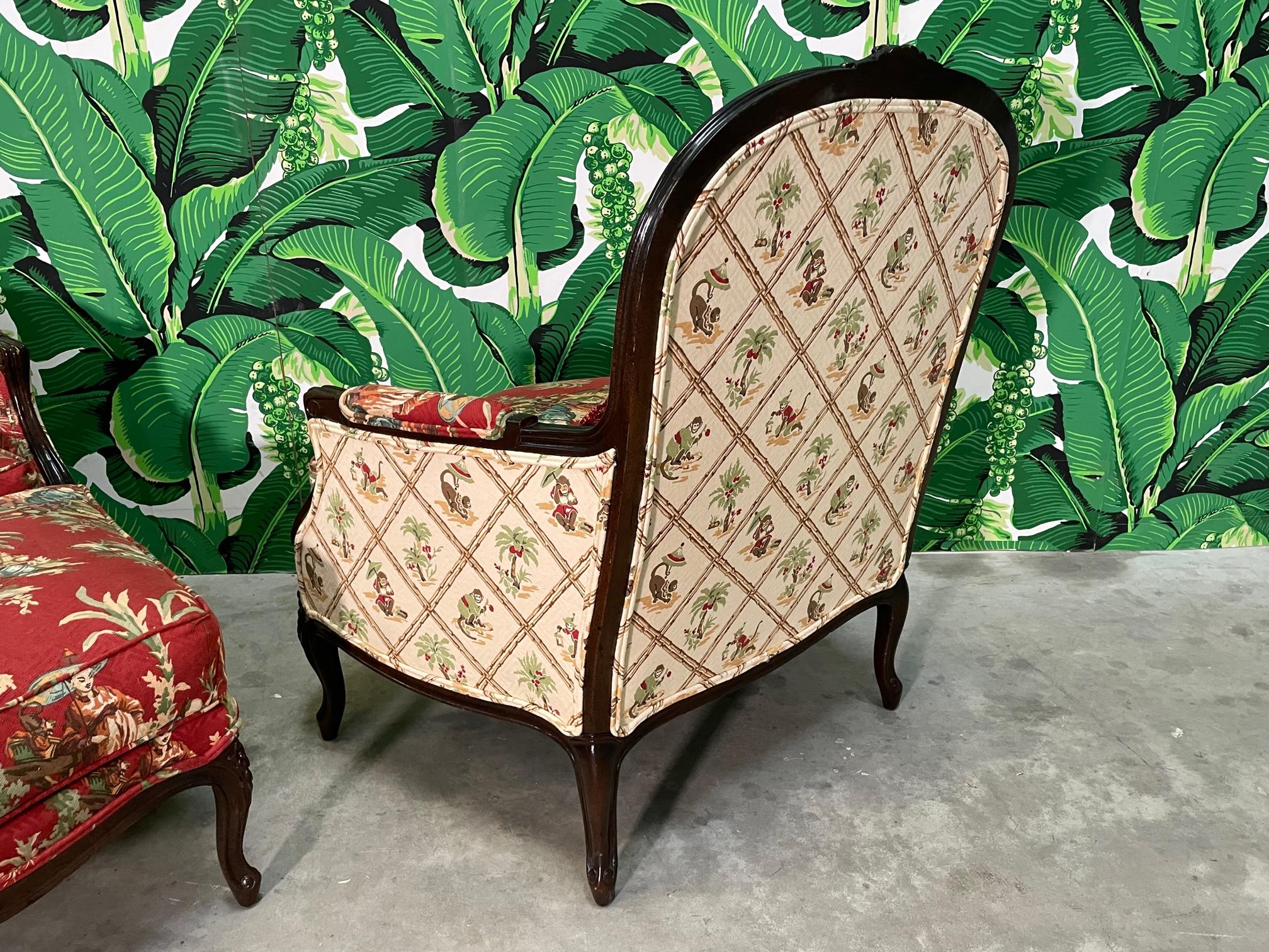 Late 20th Century Asian Chinoiserie Carved Bergere Chairs and Ottoman