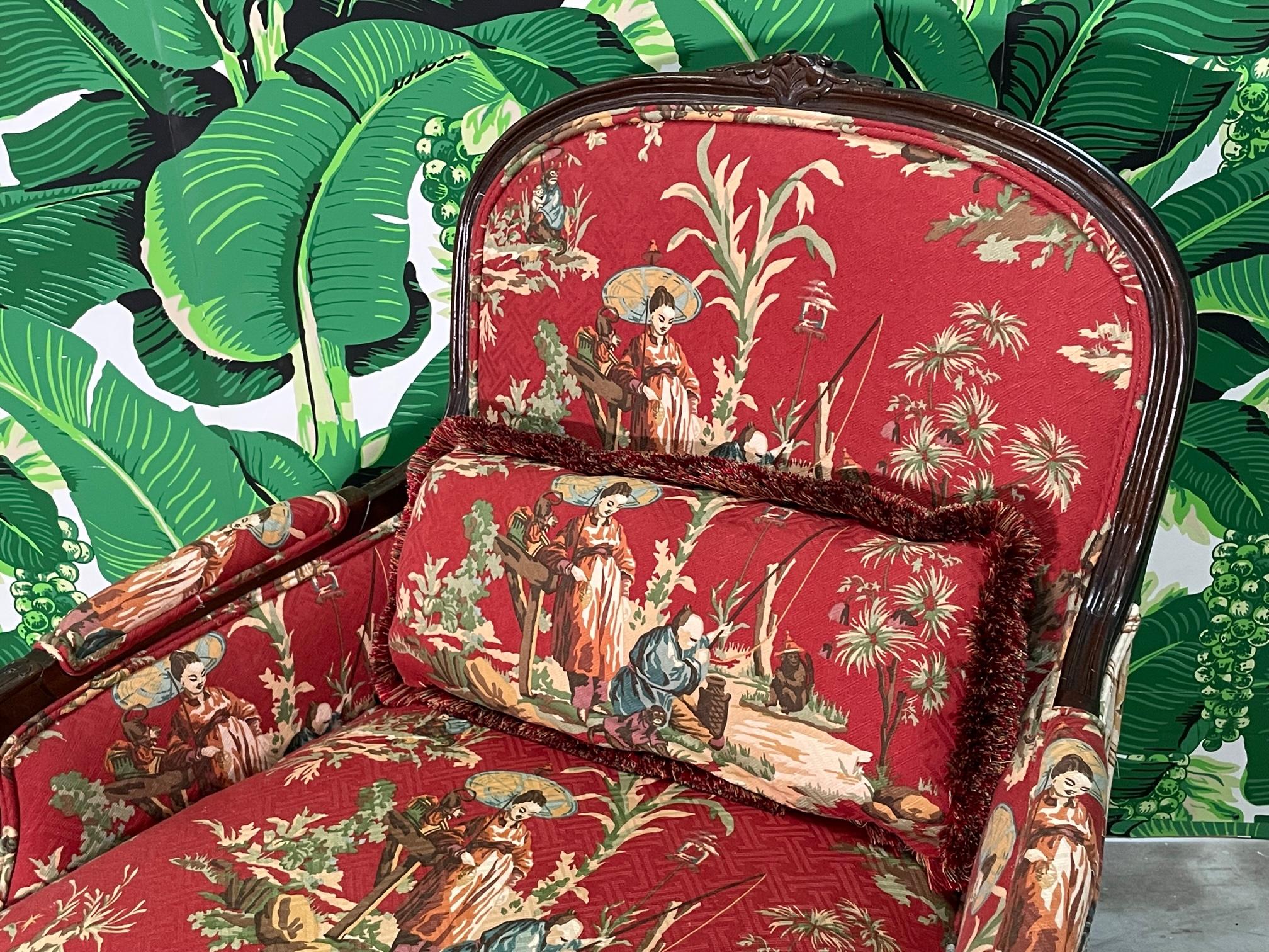 Upholstery Asian Chinoiserie Carved Bergere Chairs and Ottoman