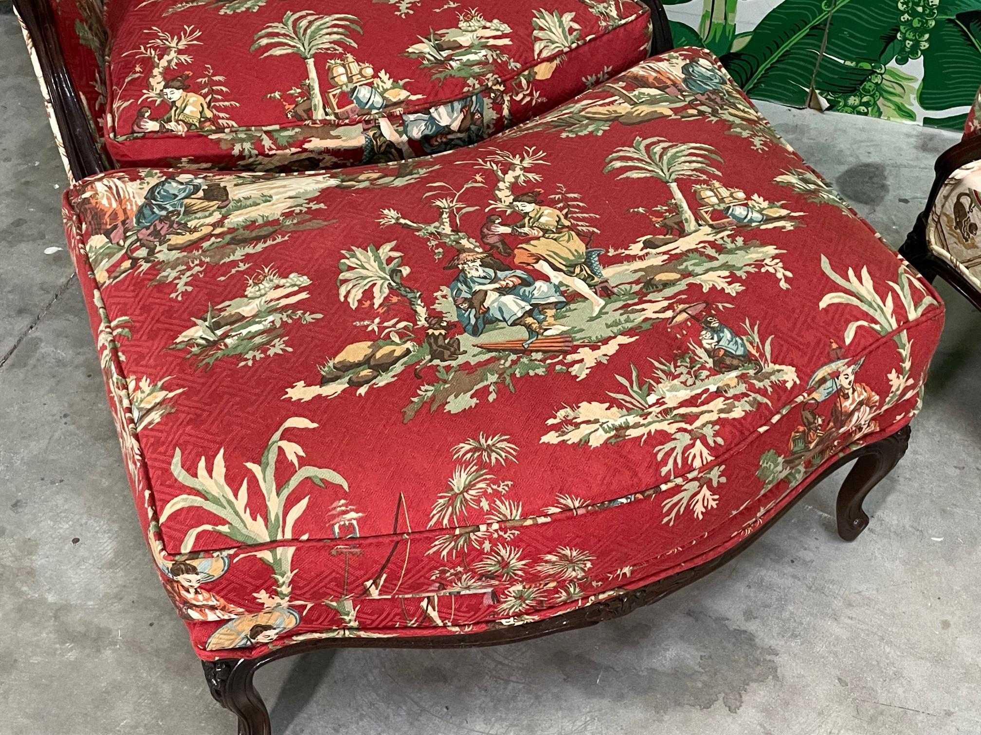 Asian Chinoiserie Carved Bergere Chairs and Ottoman 1