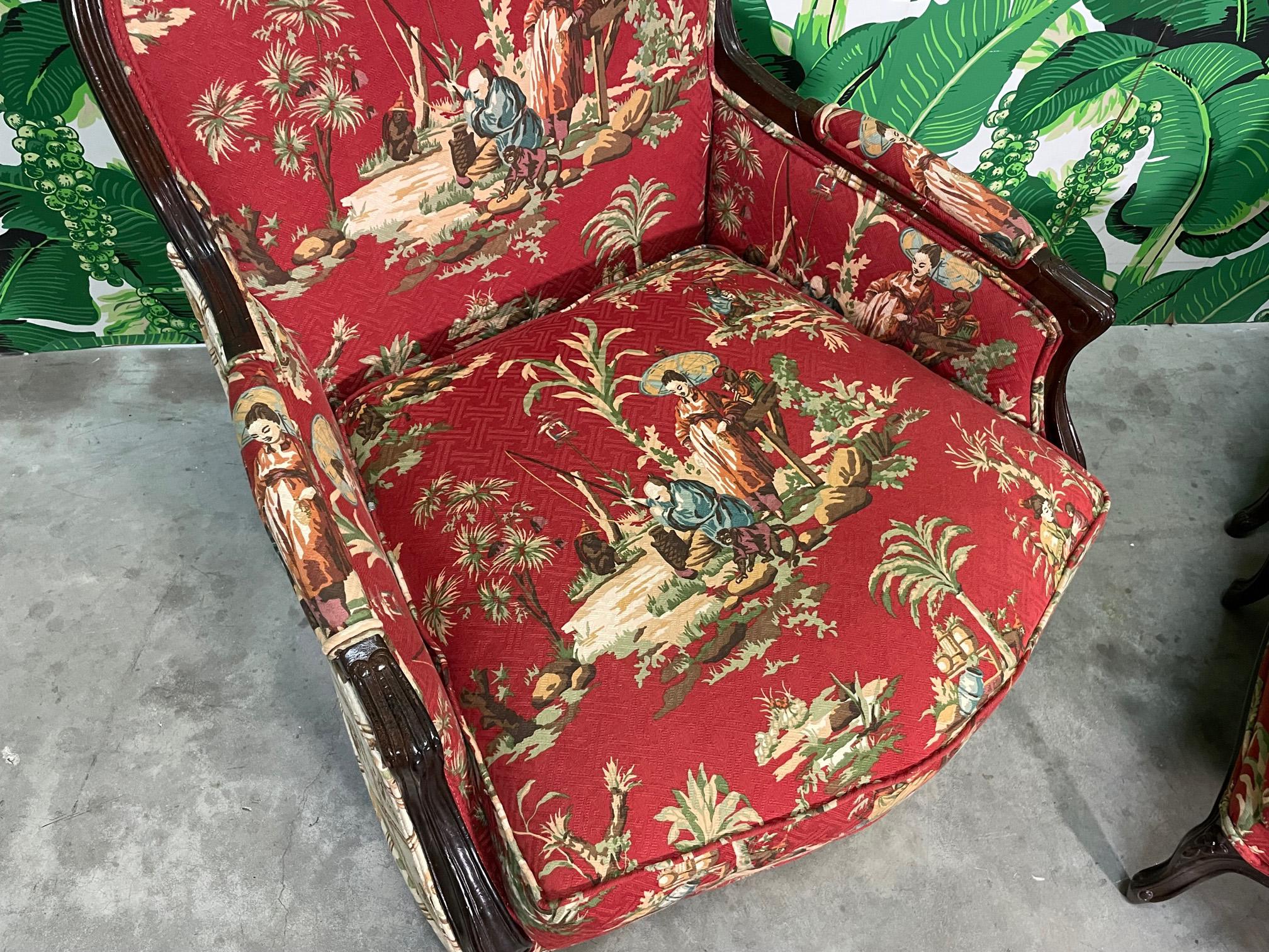 Asian Chinoiserie Carved Bergere Chairs and Ottoman 2