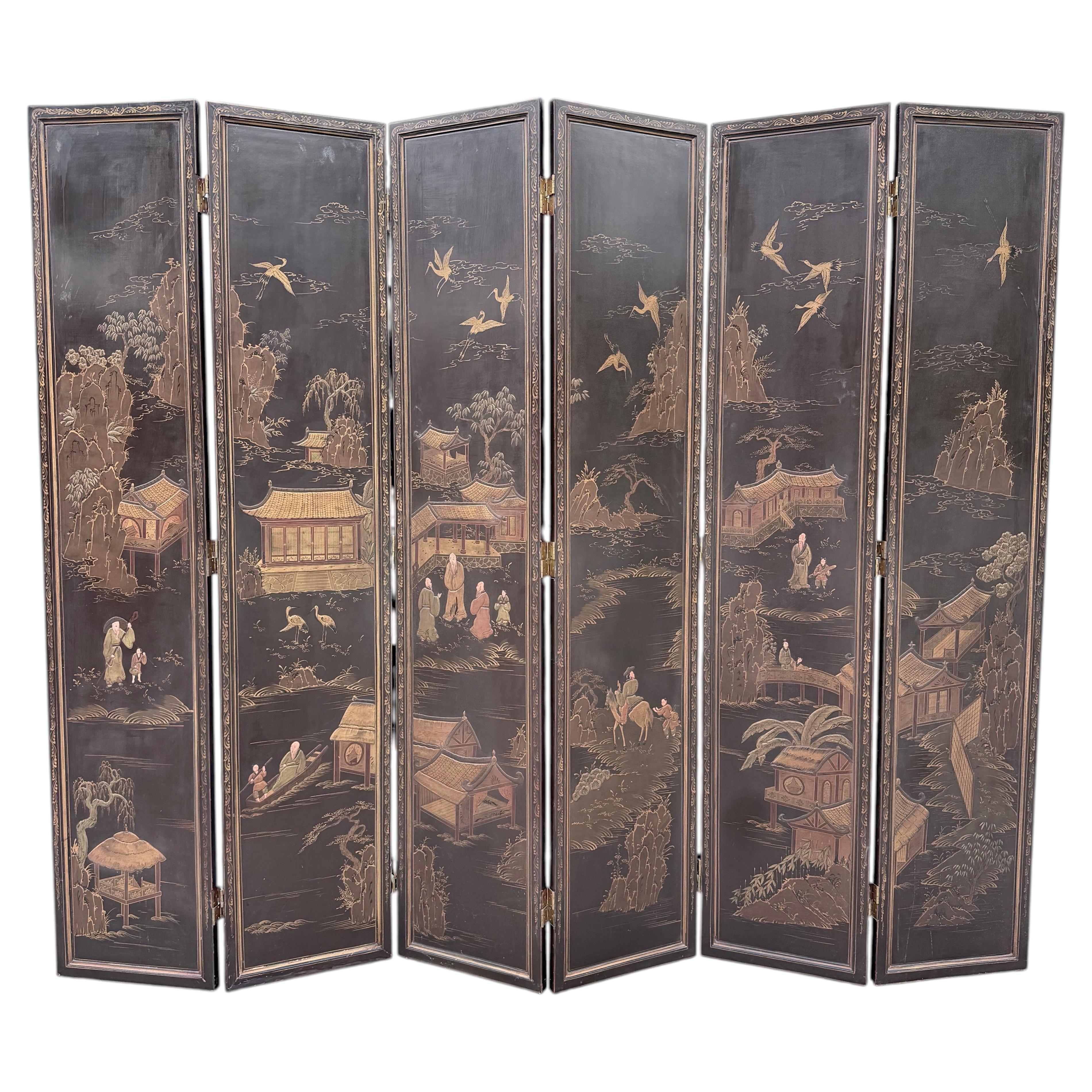 Asian Chinoiserie Coromandel Six-Panel Gilt Bronze Folding Screen