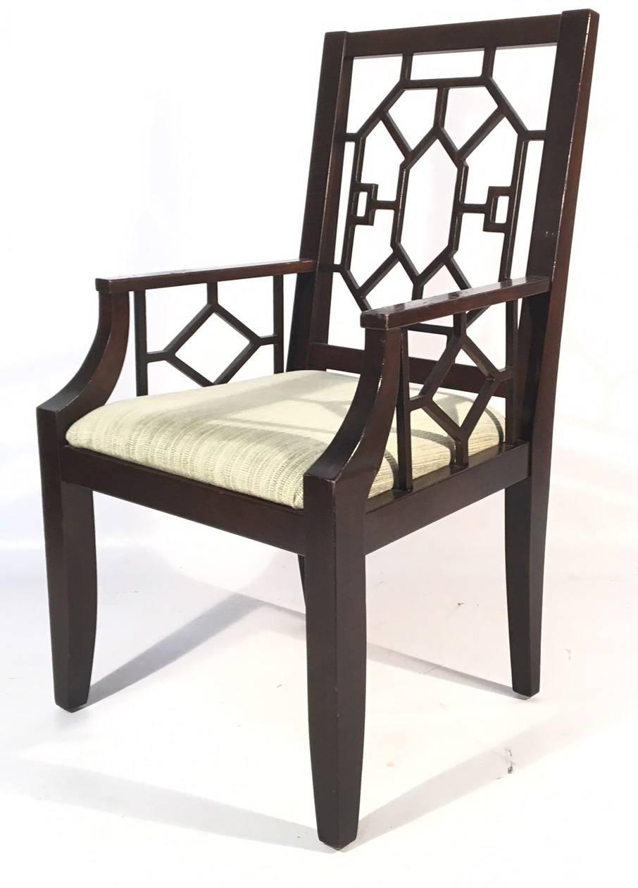 Set of eight-arm chairs in chinoiserie style that was removed from the Flagler Club at The Breakers Hotel in Palm Beach, Florida. Excellent structural condition, upholstery has minor staining on some chairs, and frames have minor abrasions