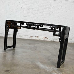 Asian Chinoiserie Distressed Black Finish Alter Style Sofa Console Table