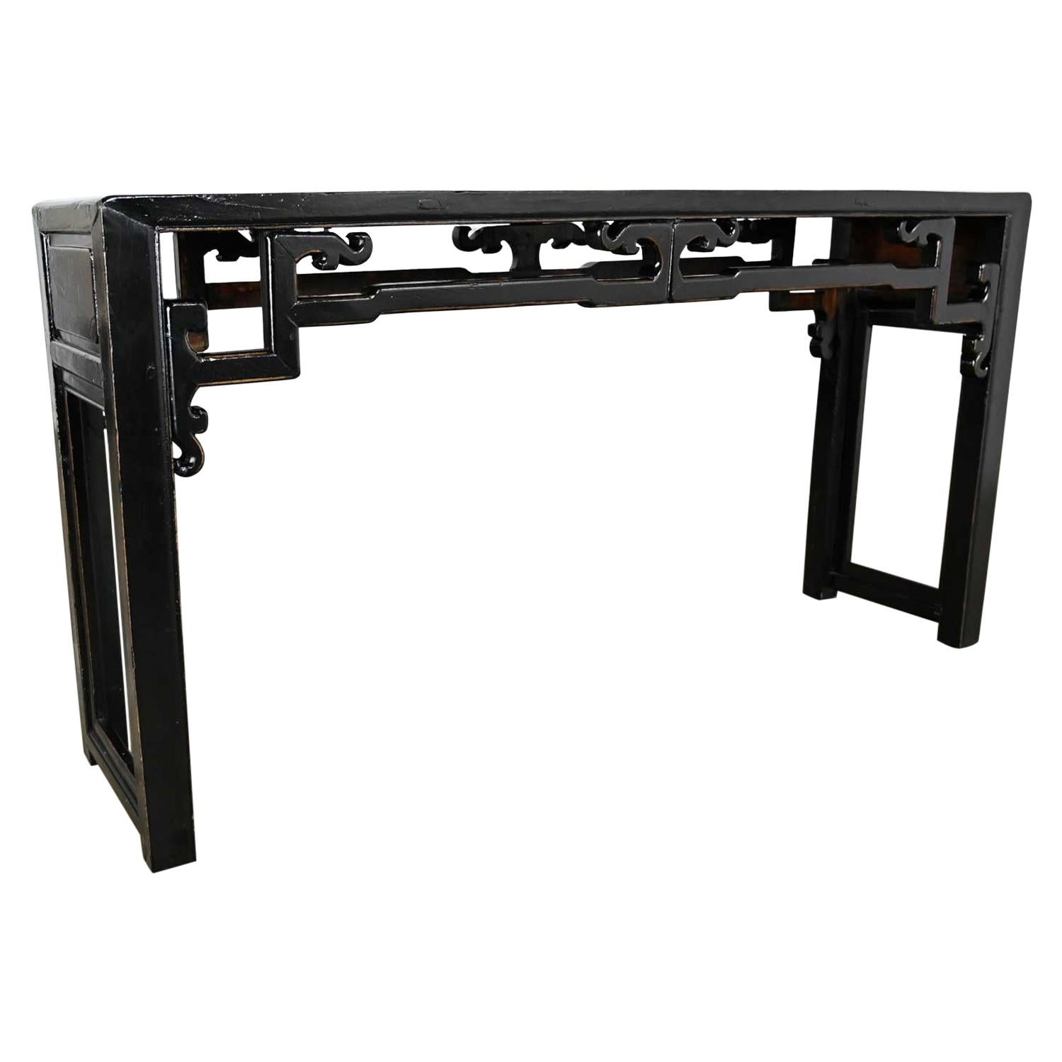 Asian Chinoiserie Distressed Black Finish Alter Style Sofa Console Table