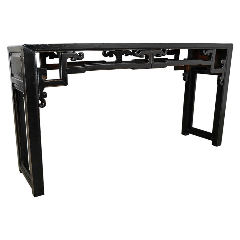 Asian Chinoiserie Distressed Black Finish Alter Style Sofa Console Table For Sale