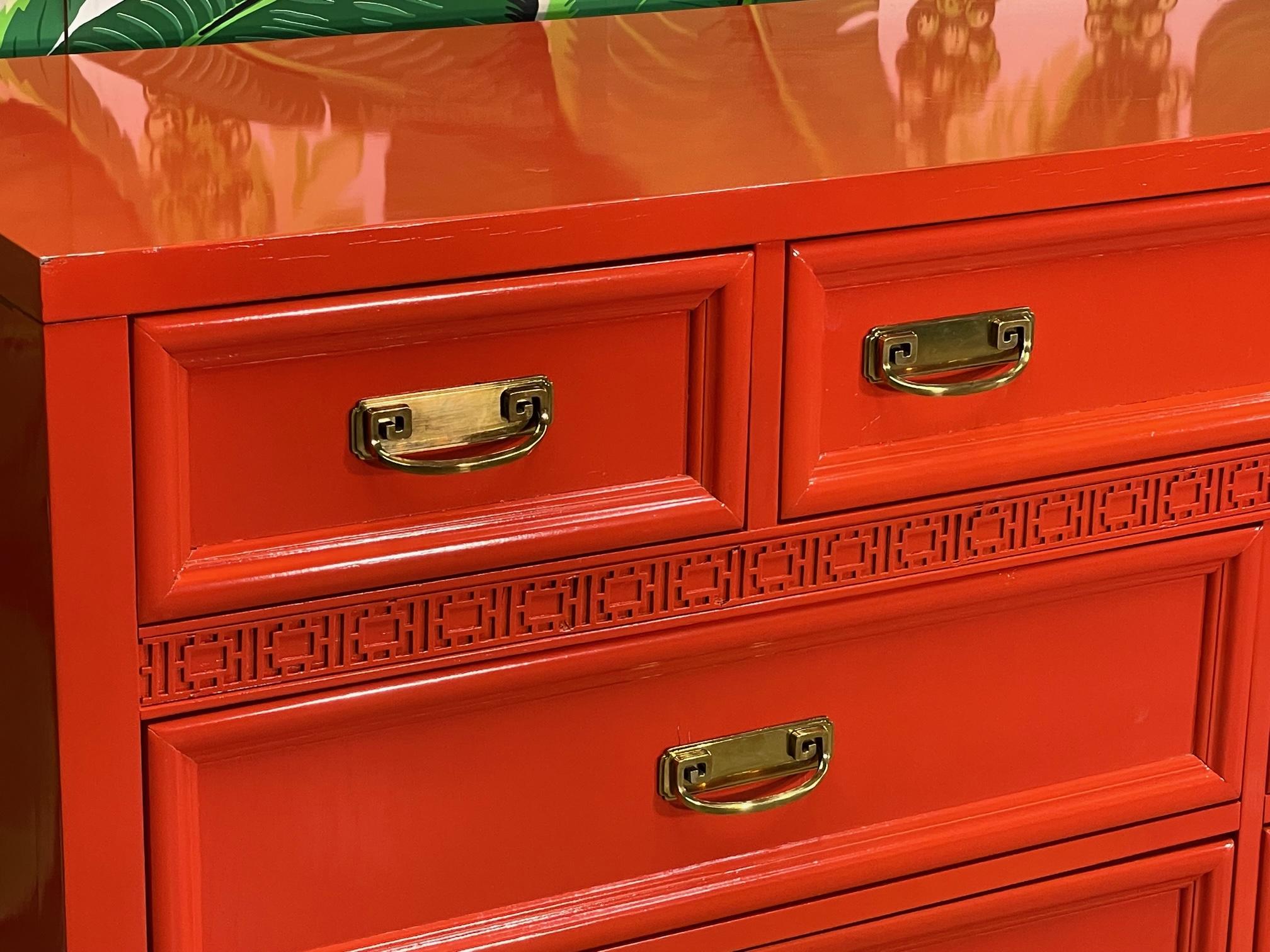 Brass Asian Chinoiserie Dresser in Hermes Orange Lacquer