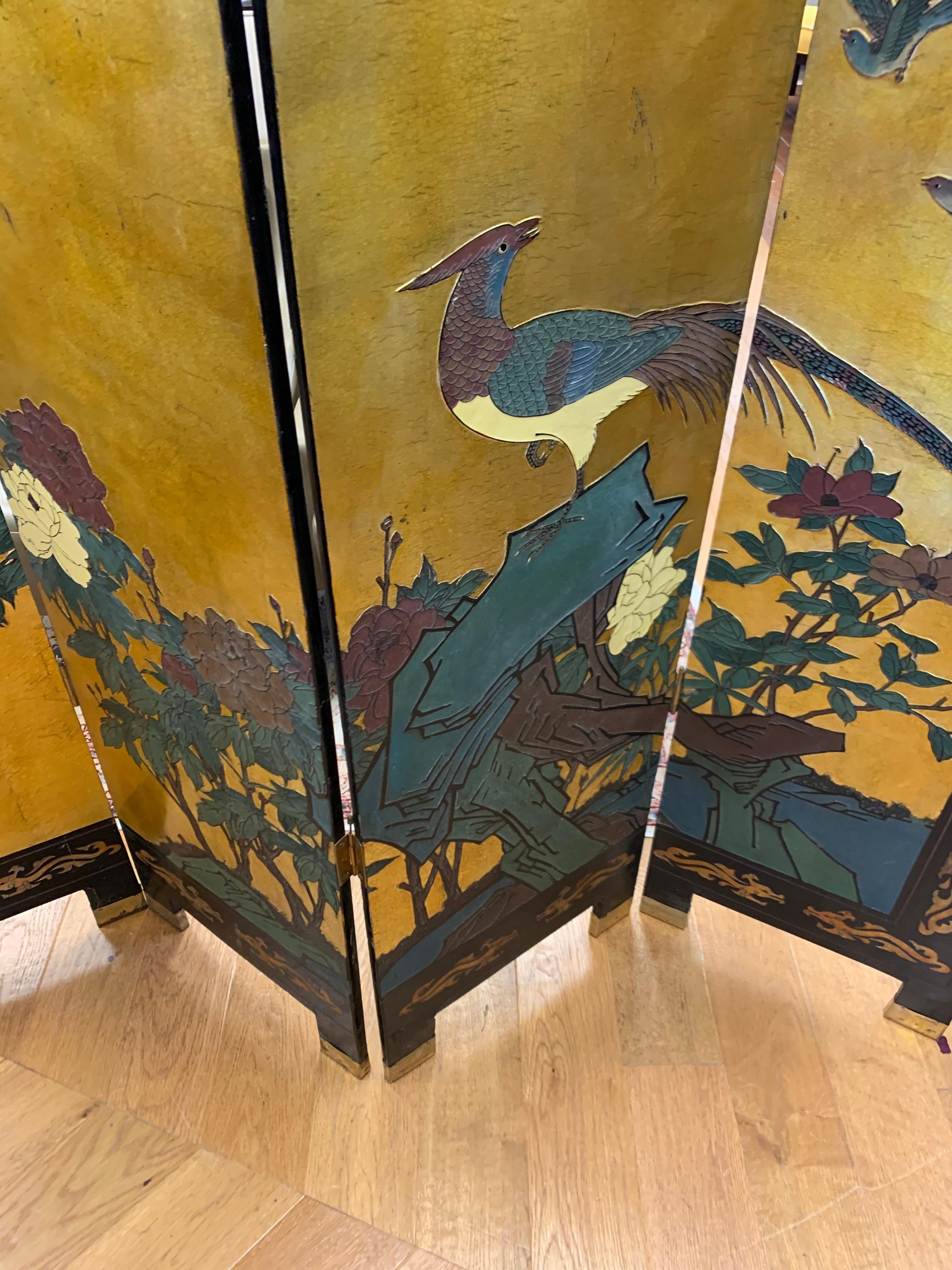 Asian Chinoiserie Four Panel Gold Leaf and Black Laquer Screen Room Divider 1