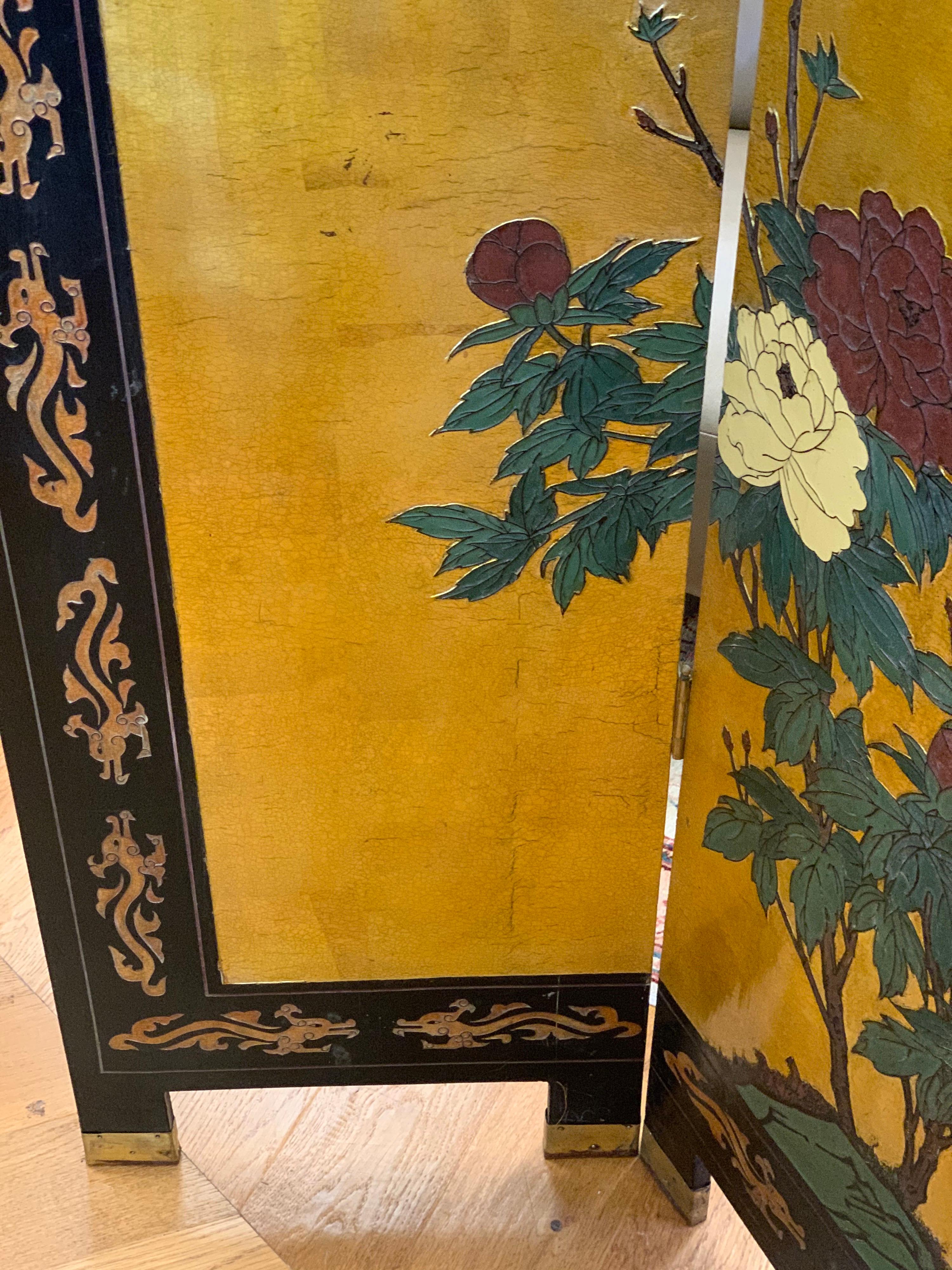 Asian Chinoiserie Four Panel Gold Leaf and Black Laquer Screen Room Divider 4