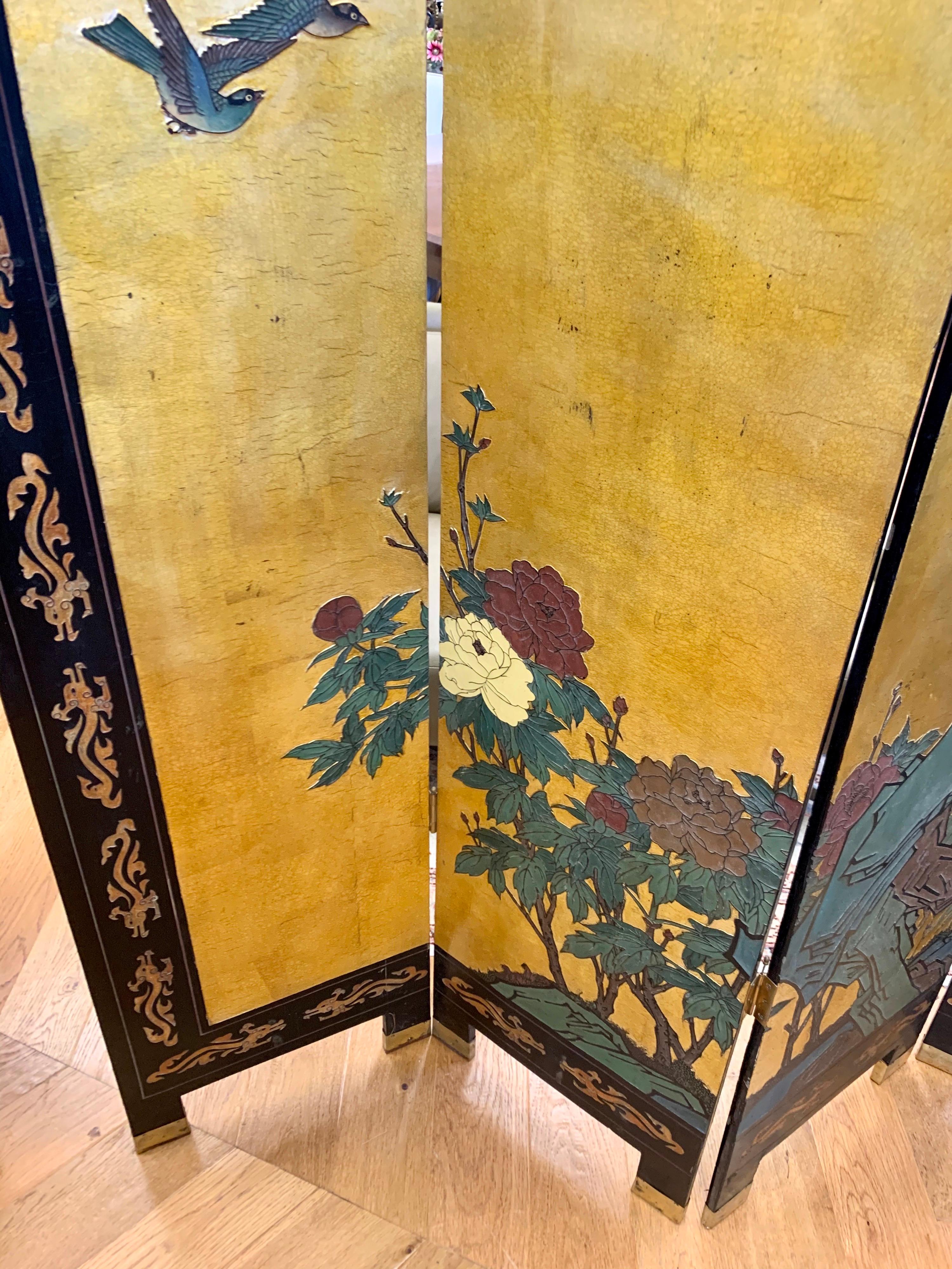 Chinese Asian Chinoiserie Four Panel Gold Leaf and Black Laquer Screen Room Divider